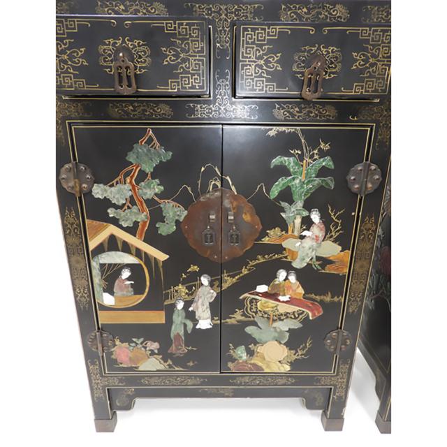 A Pair of Chinese Hardstone Inlaid Black Lacquer Cabinets, Early to Mid 20th Century