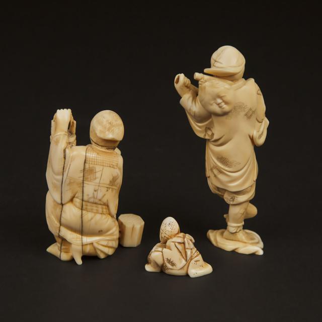 Two Ivory Okimono of a Shamisen Musician and a Merchant, Together With an Antler Netsuke of a Shinto Priest, Meiji Period (1868-1912)