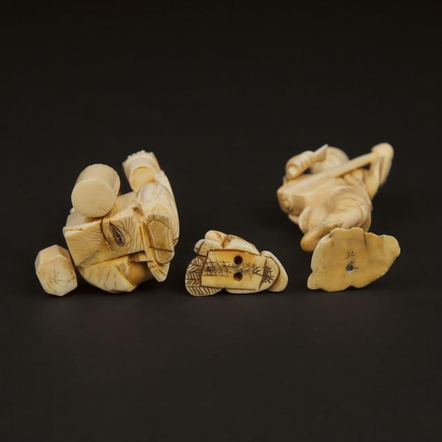 Two Ivory Okimono of a Shamisen Musician and a Merchant, Together With an Antler Netsuke of a Shinto Priest, Meiji Period (1868-1912)
