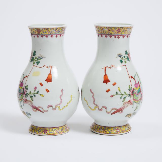 A Pair of Famille Rose 'Hundred Antique' Hu Vases, Qianlong Mark, Republican Period