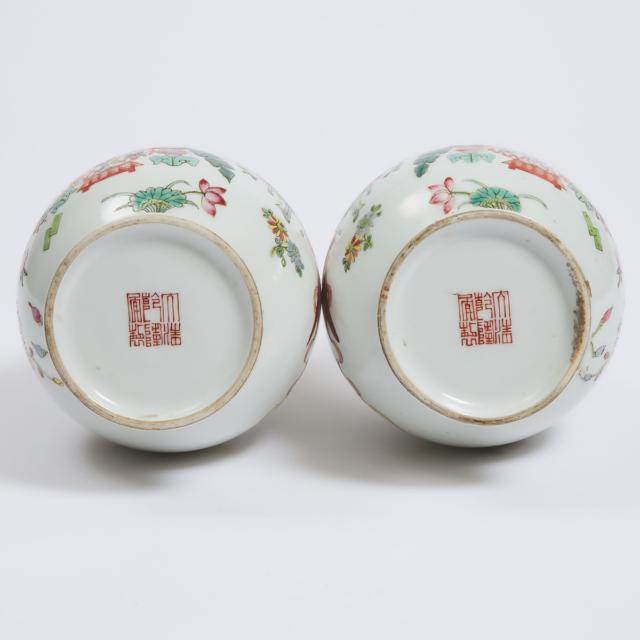 A Pair of Famille Rose 'Hundred Antique' Hu Vases, Qianlong Mark, Republican Period
