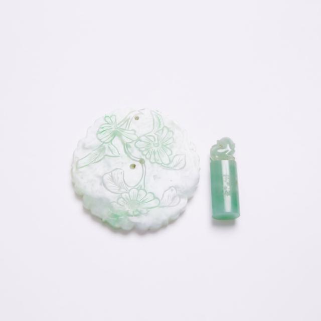 A Carved 'Lavender and Green' Jadeite Floral Plaque, Together With a Jadeite 'Lion' Seal, Qing Dynasty, 19th Century