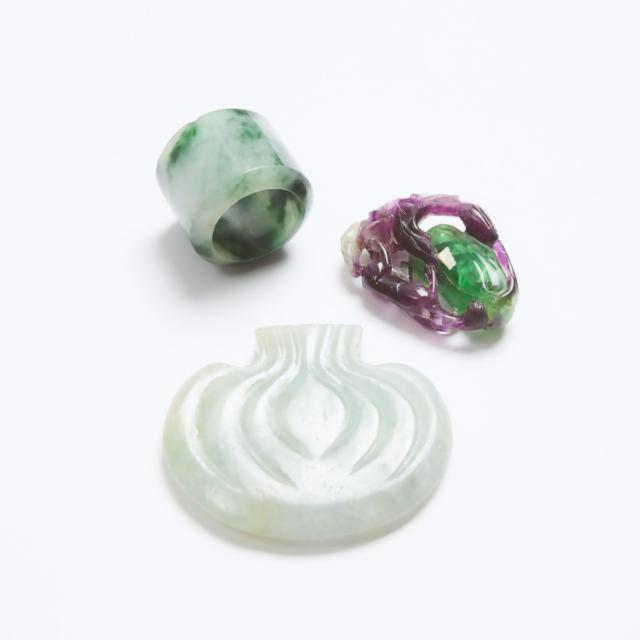 A Group of Three Jadeite and Rainbow Fluorite Carvings, Qing Dynasty, 19th Century
