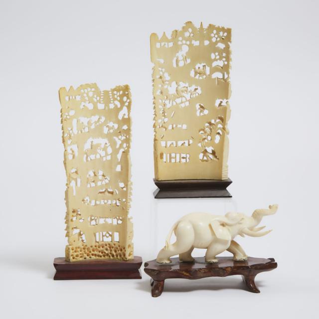 Two Chinese Ivory Landscape Carvings, Together With an Elephant