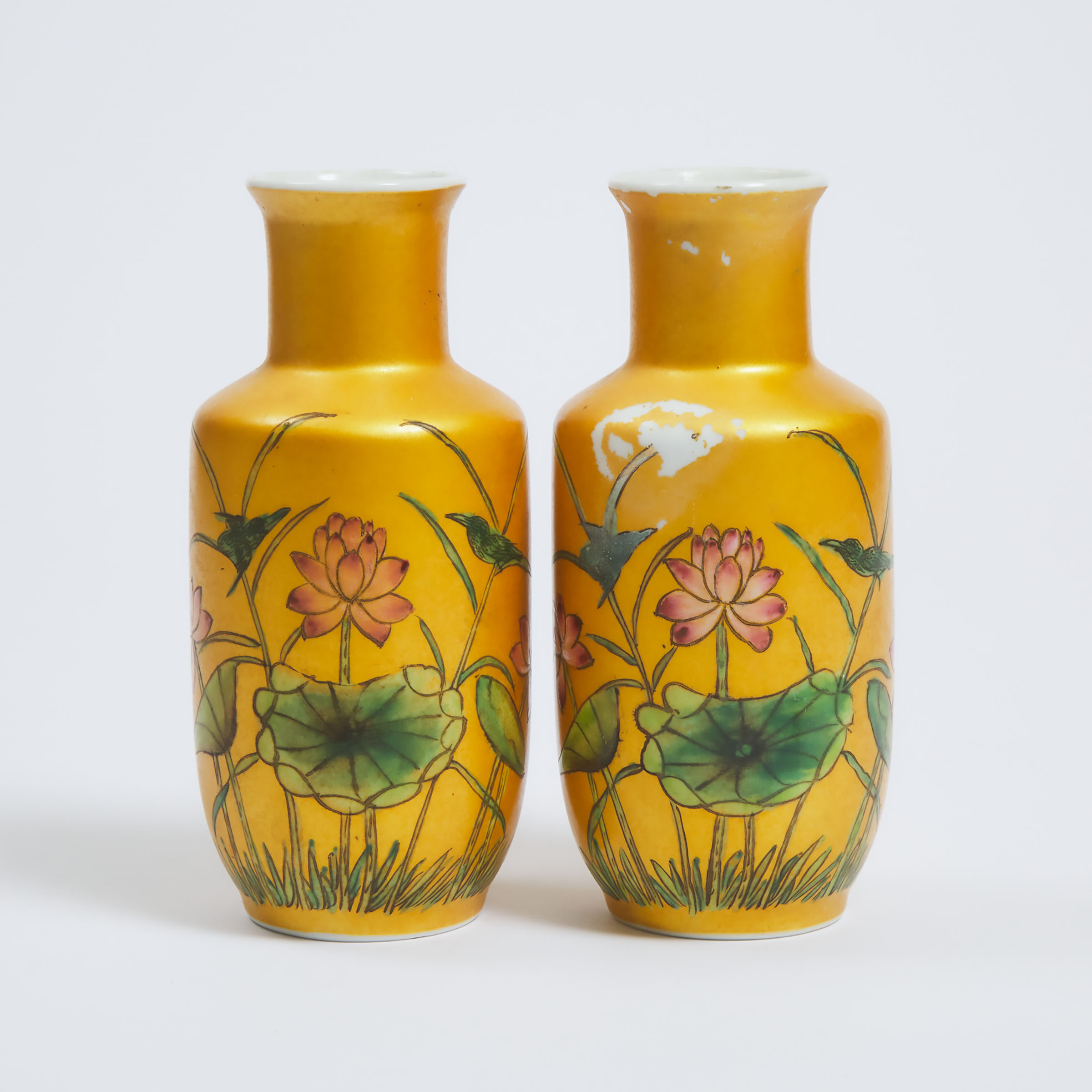 A Pair of Famille Rose Gold-Ground Rouleau Vases, Juren Tang Mark