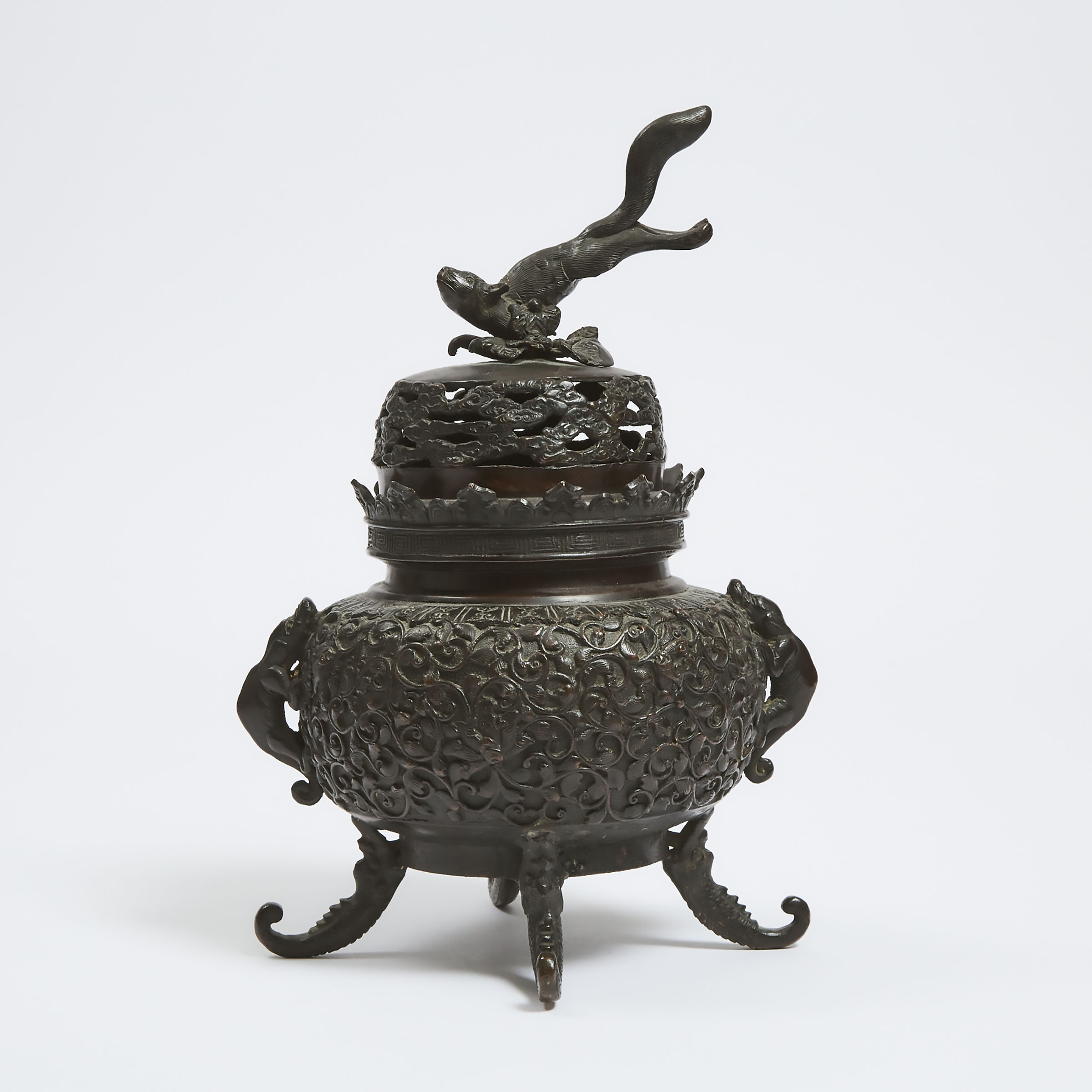 A Bronze 'Squirrel' Incense Burner and Cover, Early 20th Century