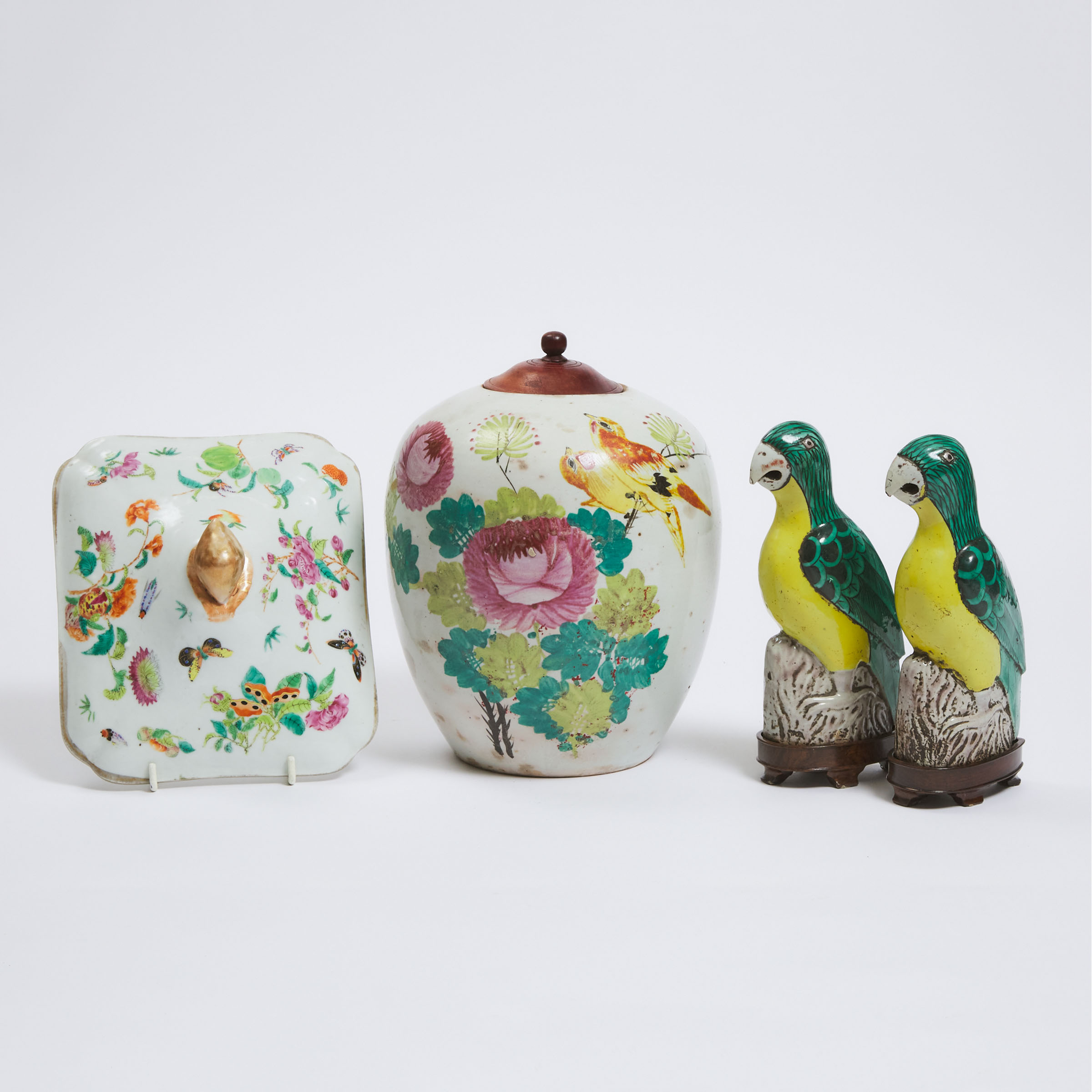 An Enameled 'Bird and Calligraphy' Jar and Cover, Together With a Pair of Famille Verte Parrots and a Famille Rose Tureen Cover, 19th Century