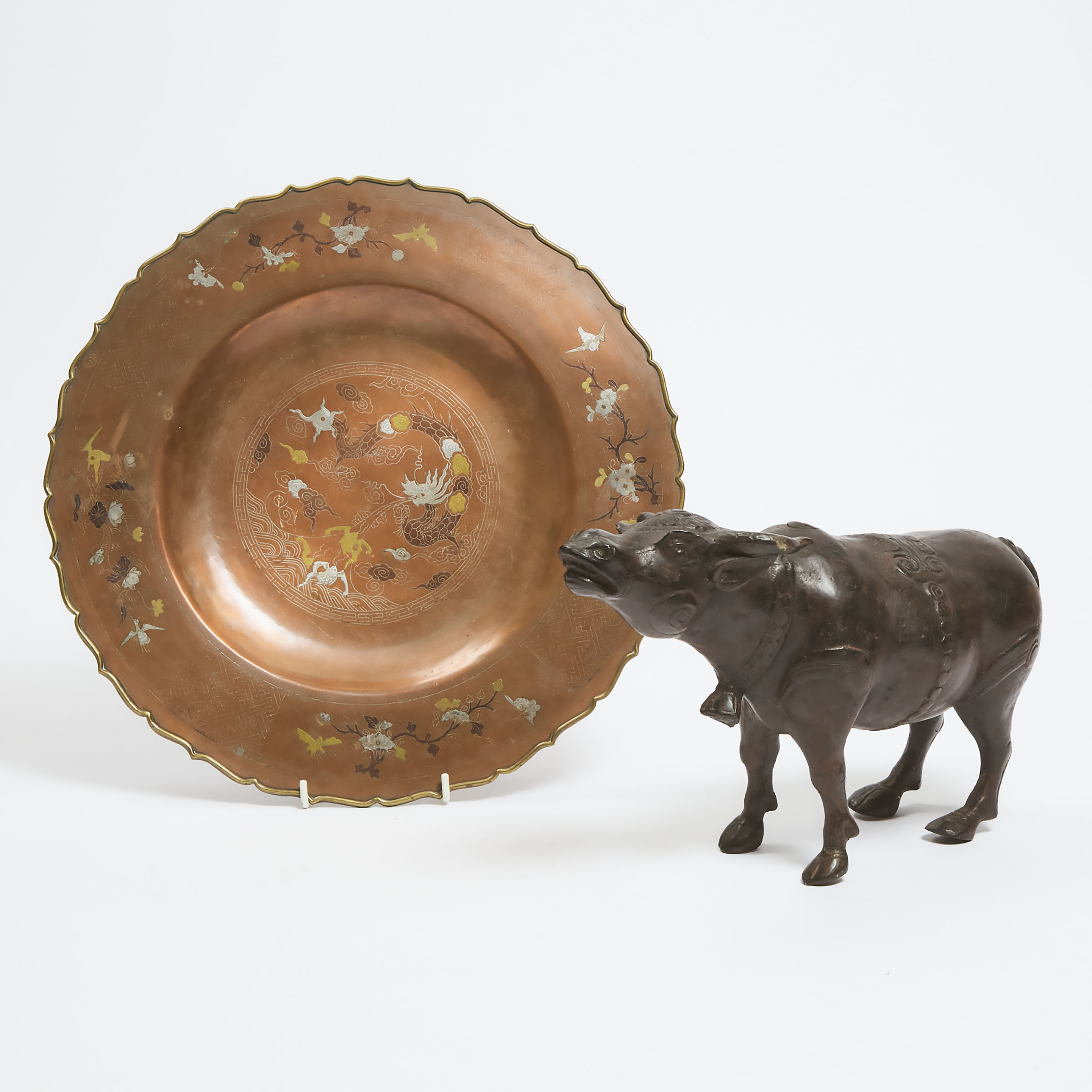 An Etched and Inlaid Metal 'Dragon' Charger, Together With a Bronze Figure of Nandi, 19th/20th Century