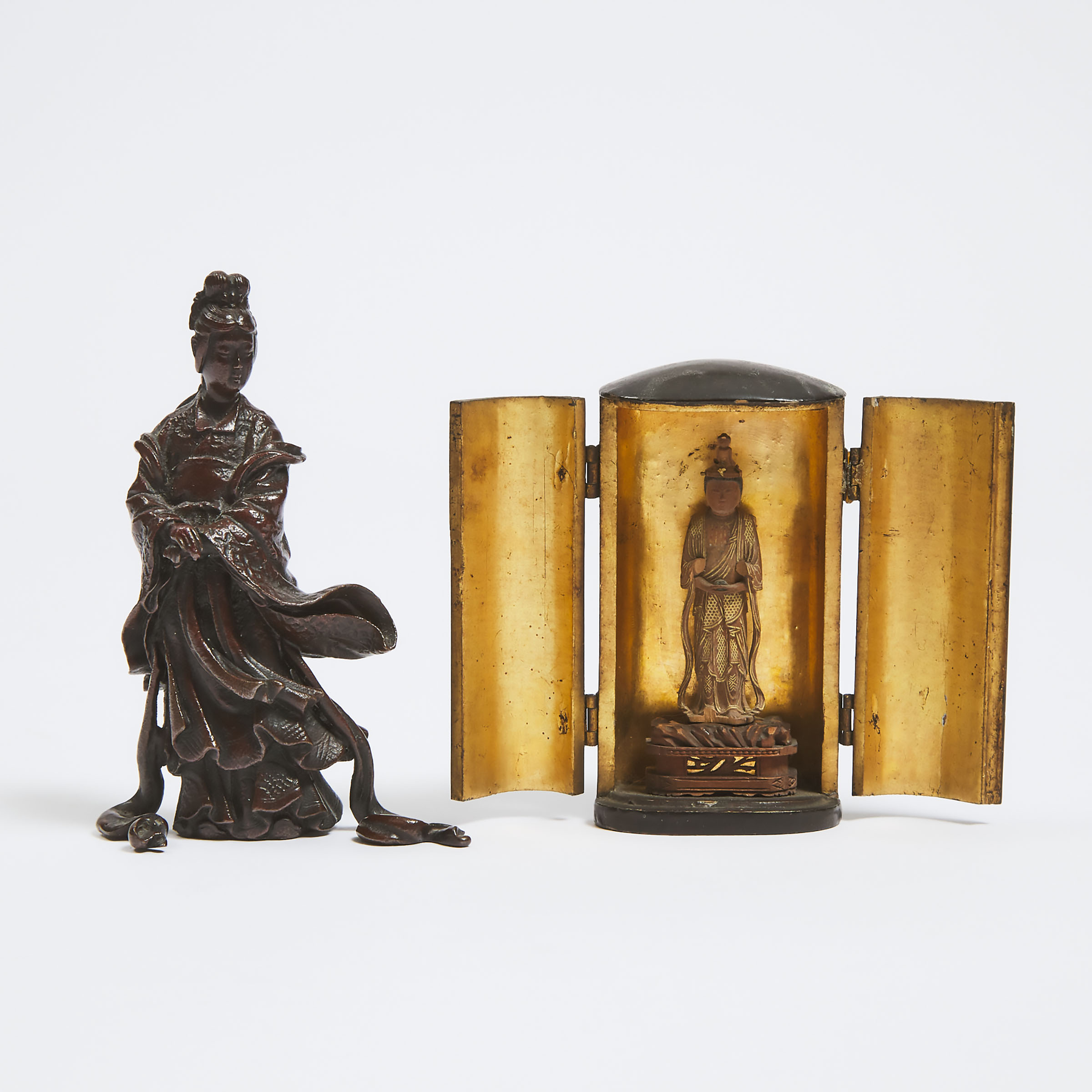 A Miniature Portable Zushi (Portable Shrine) With Kannon (Avalokiteshvara), Together With a Bronze Okimono/Scroll Weight of a Chinese Lady, Early to Mid 20th Century