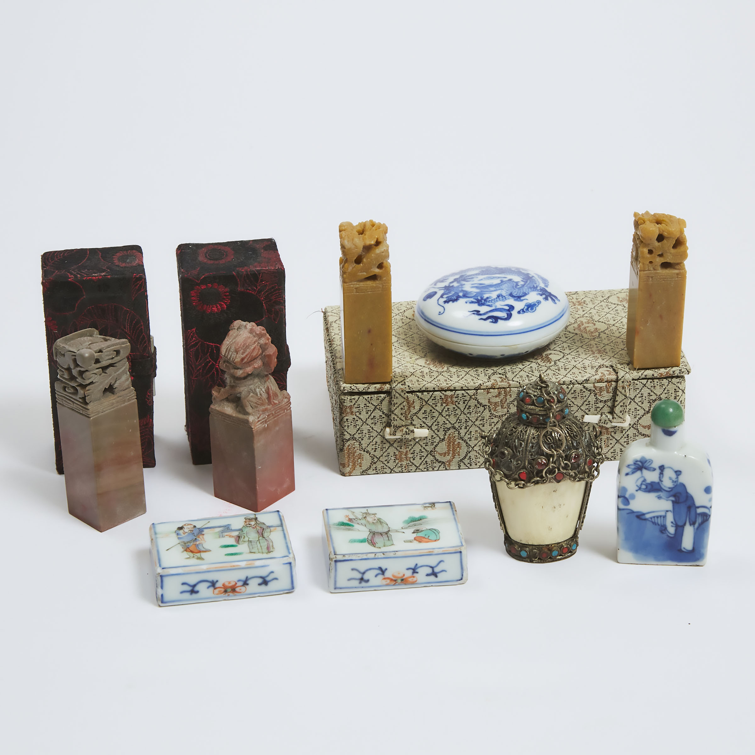 A Group of Nine Soapstone Seals, Snuff Bottles, and Other Miscellaneous Pieces, 19th/20th Century