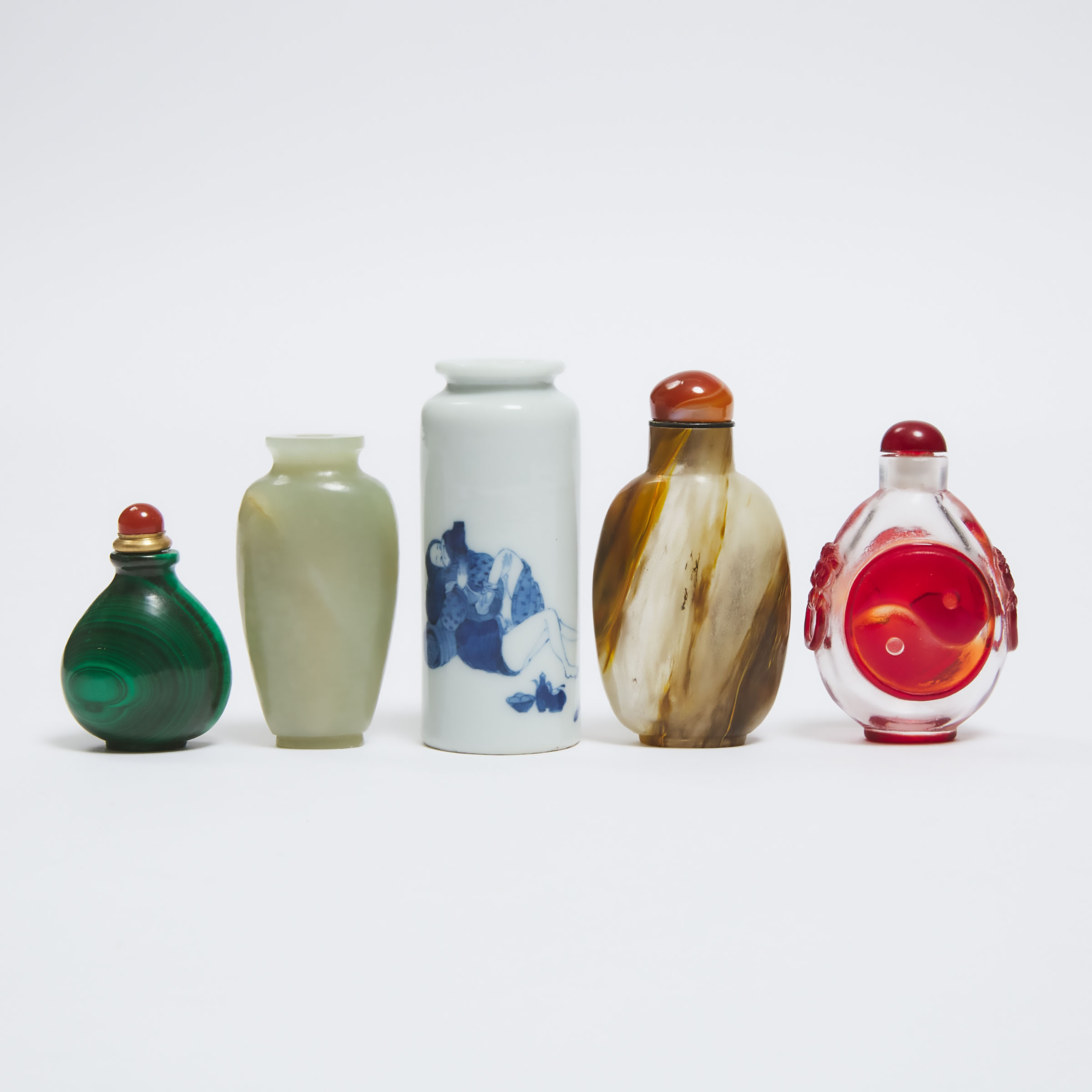 A Group of Five Snuff Bottles, 19th Century and Later
