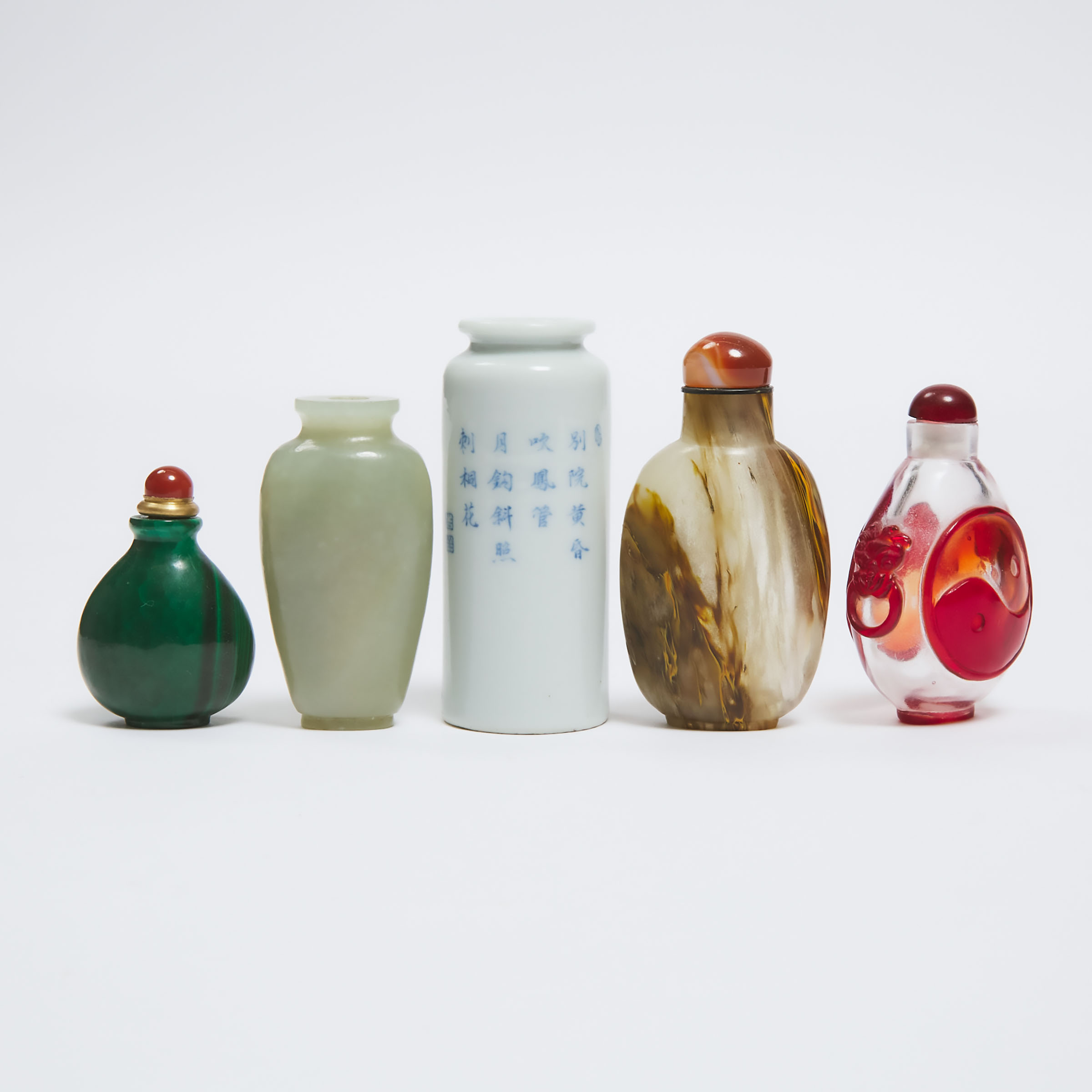 A Group of Five Snuff Bottles, 19th Century and Later