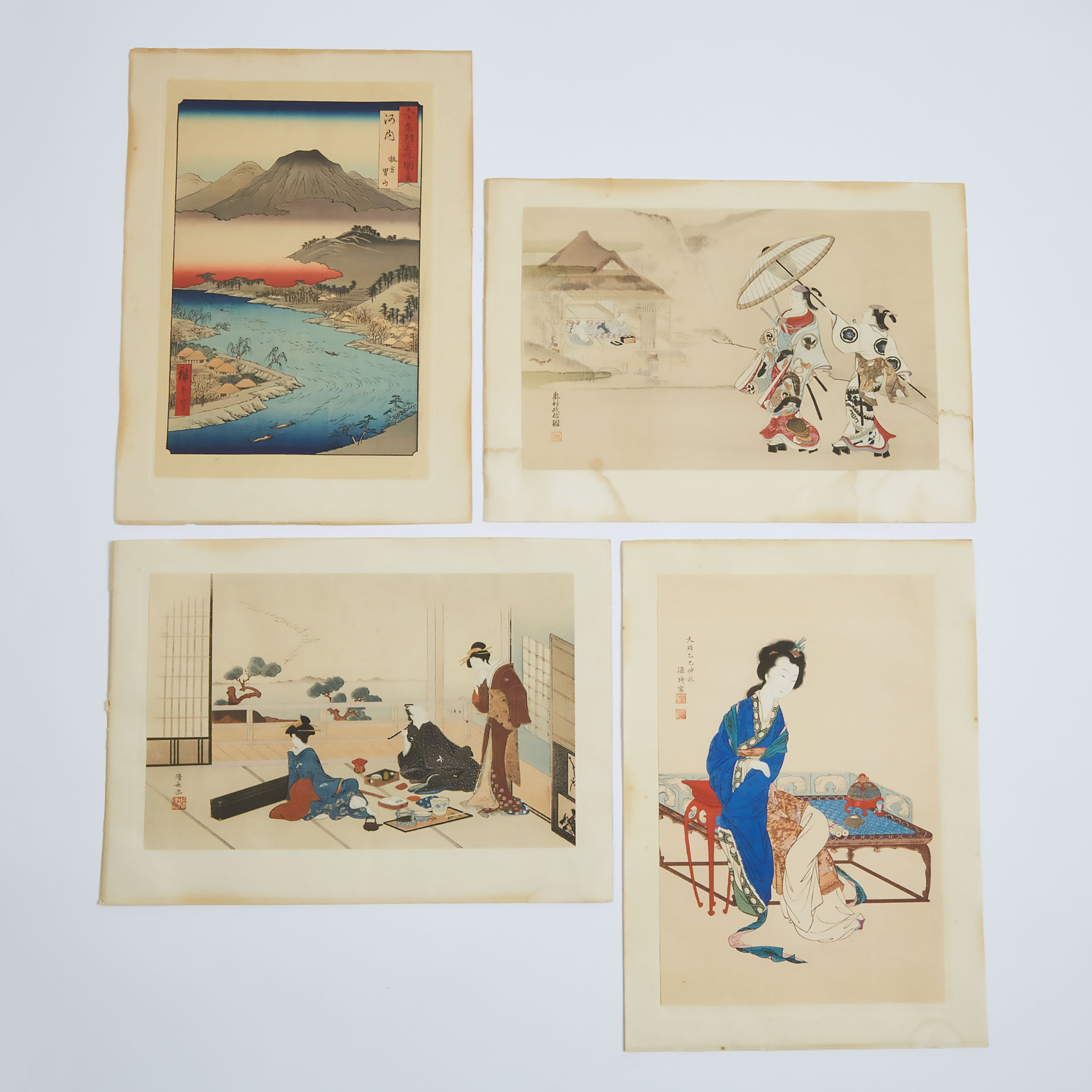 After Okumura Masanobu (1686-1764), Komai Genki (1747-1797), Torii Kiyonaga (1752-1815), and Utagawa Hiroshige (1797-1858), Four Japanese Woodblock Prints, Early 20th Century