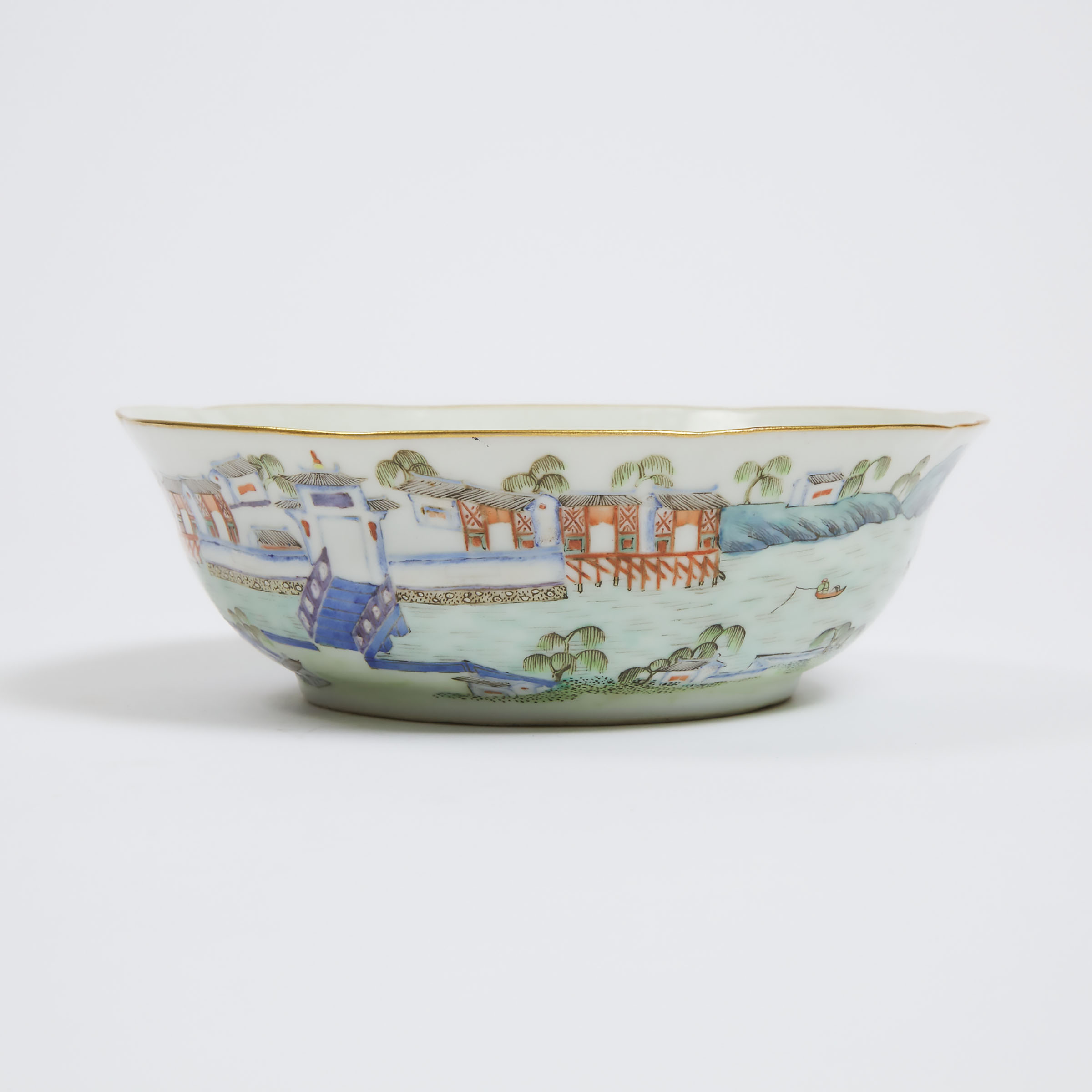 A Famille Rose 'Landscape' Shallow Bowl, Huazhou Chunxiao Mark, Early Republican Period