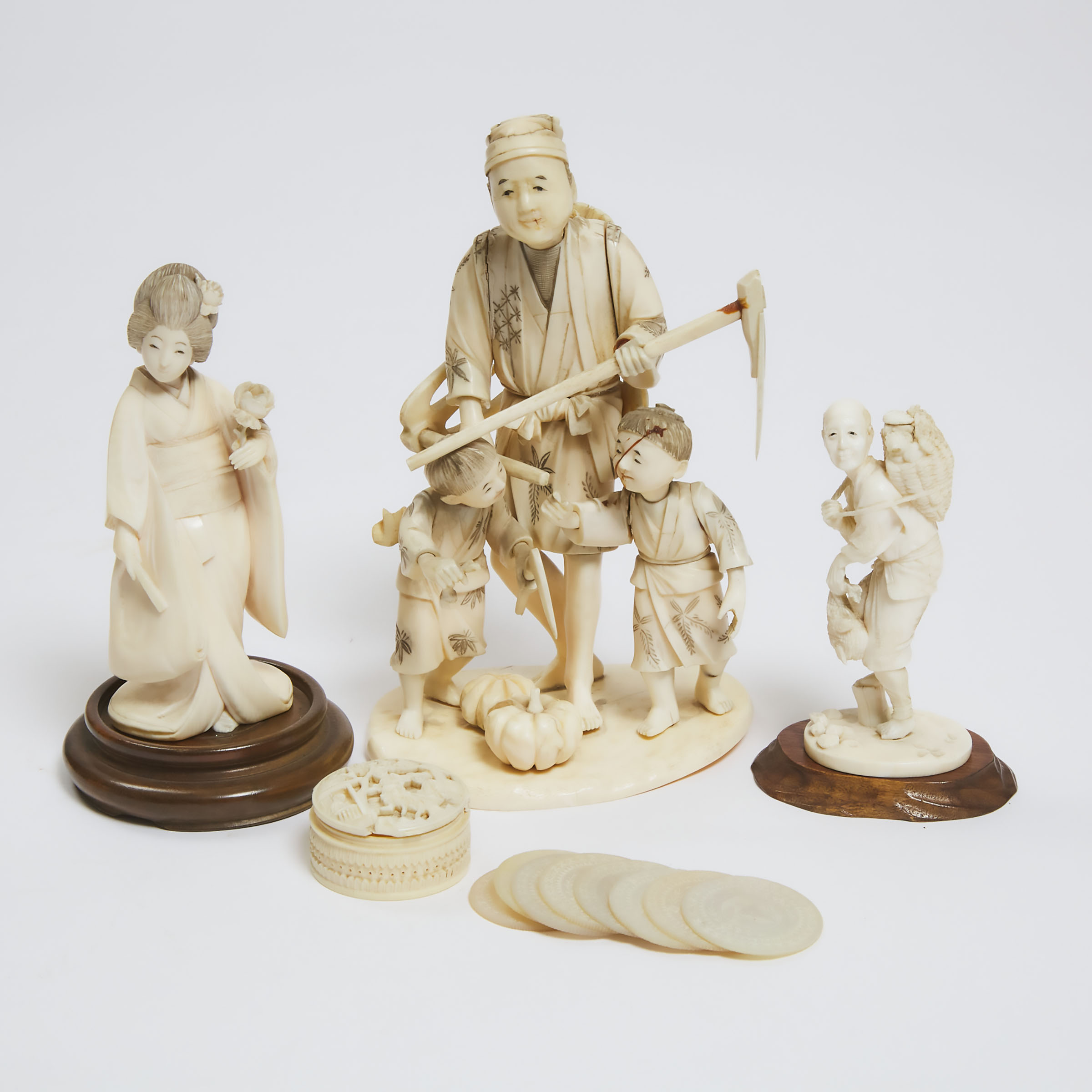 A Group of Three Ivory Okimono, Together With a Box and Counters, Late 19th/Early 20th Century