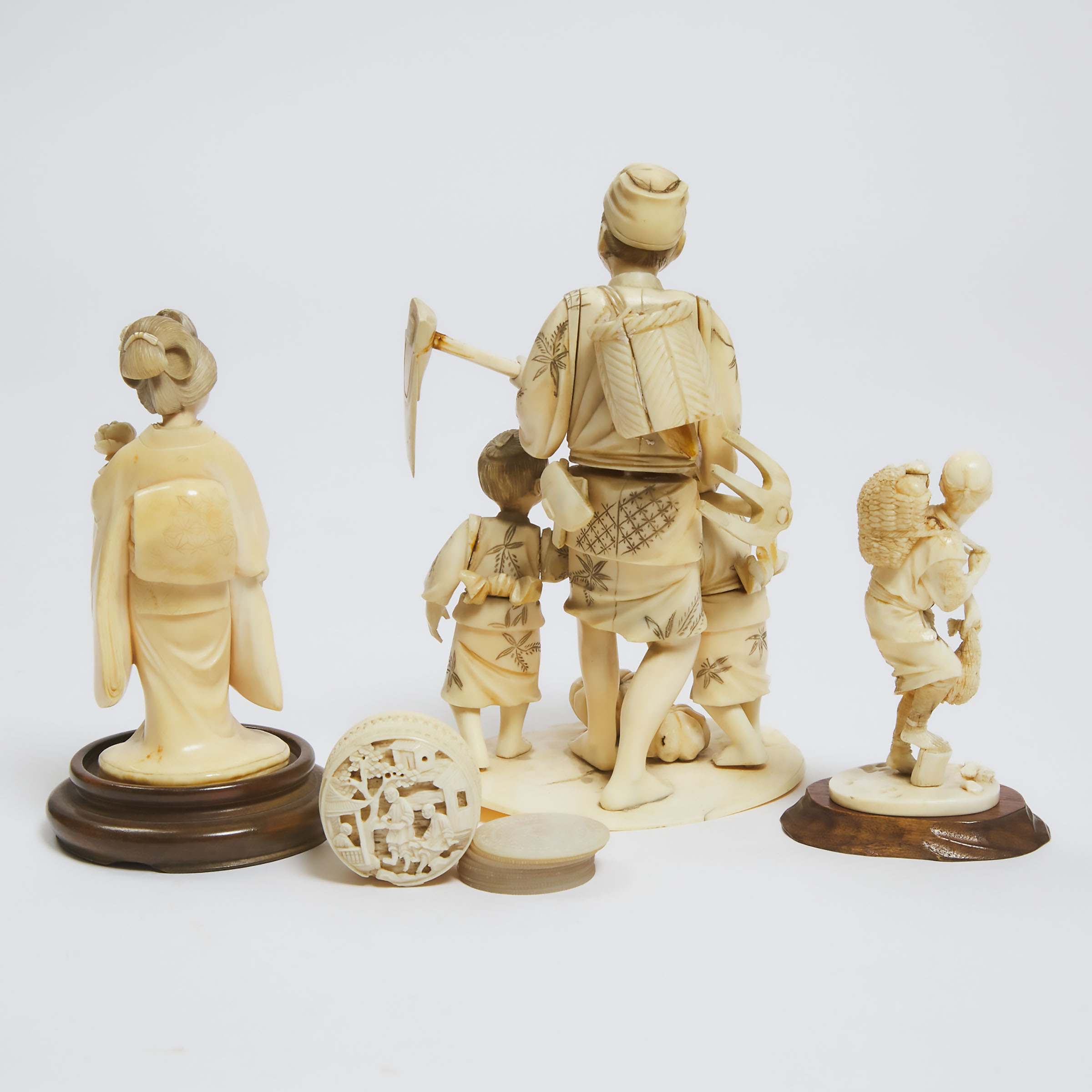 A Group of Three Ivory Okimono, Together With a Box and Counters, Late 19th/Early 20th Century