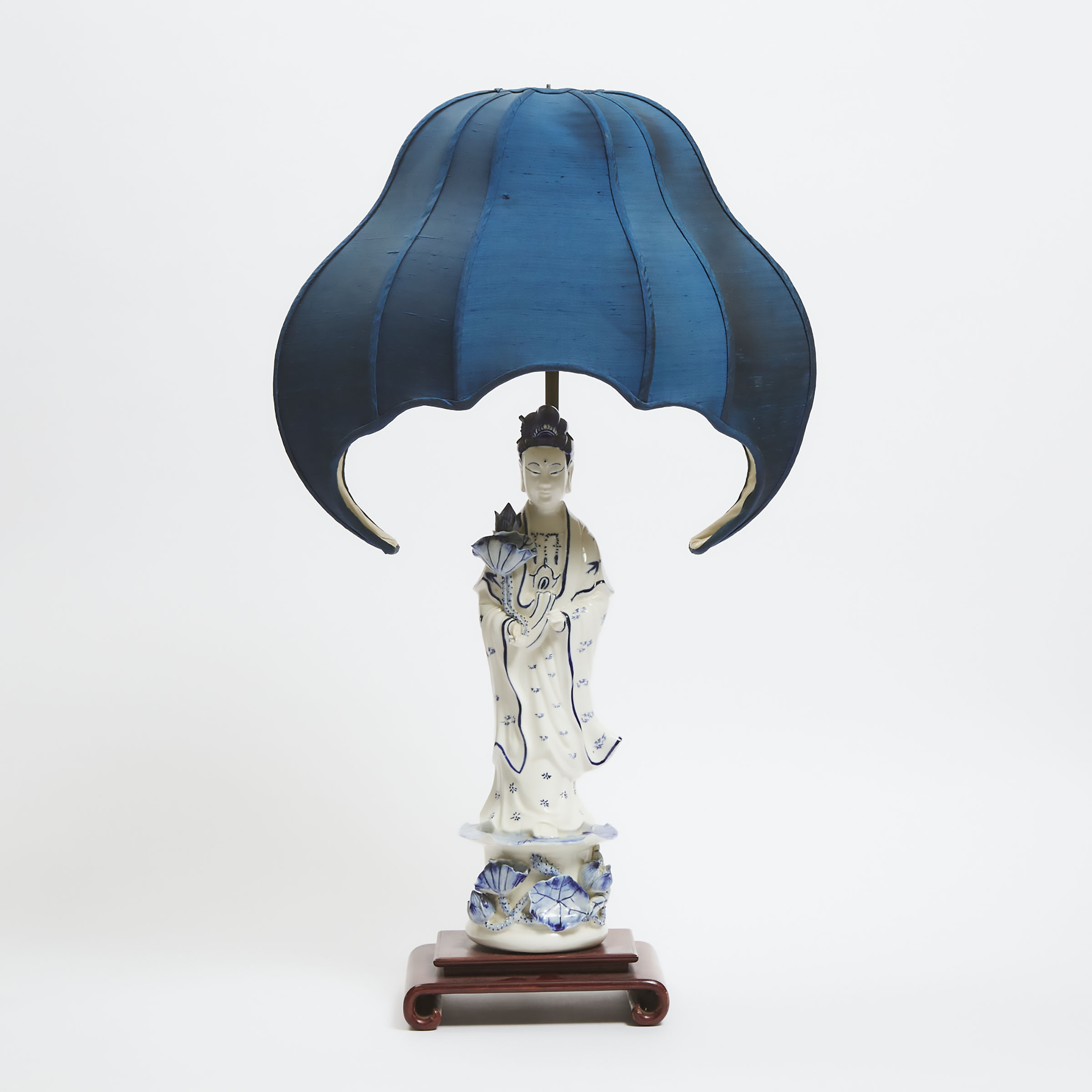 A Blue and White Porcelain Figure of Guanyin Mounted as a Lamp, 20th Century