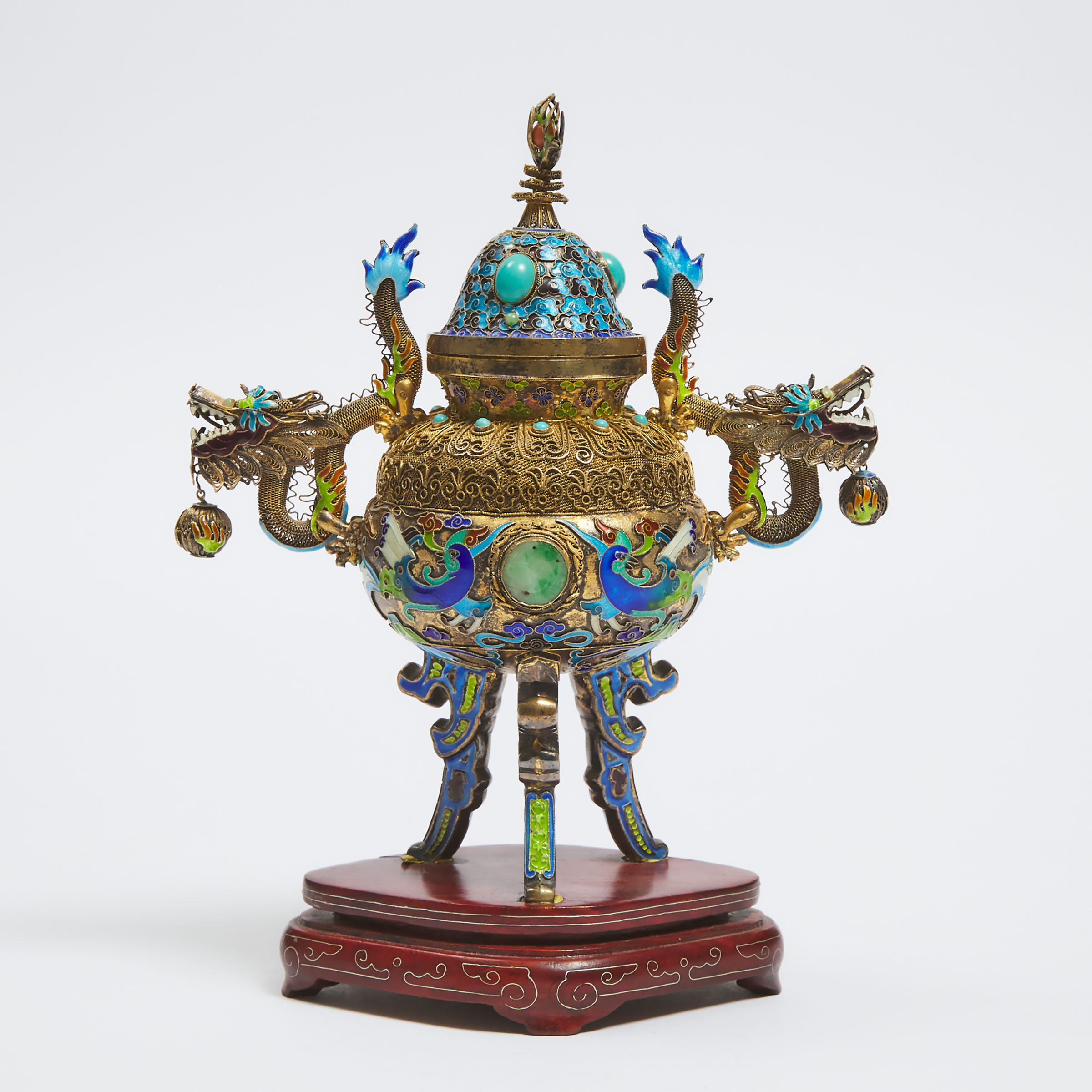 A Cloisonné Tripod Censer and Cover With Jadeite and Turquoise Inlays, Mid 20th Century