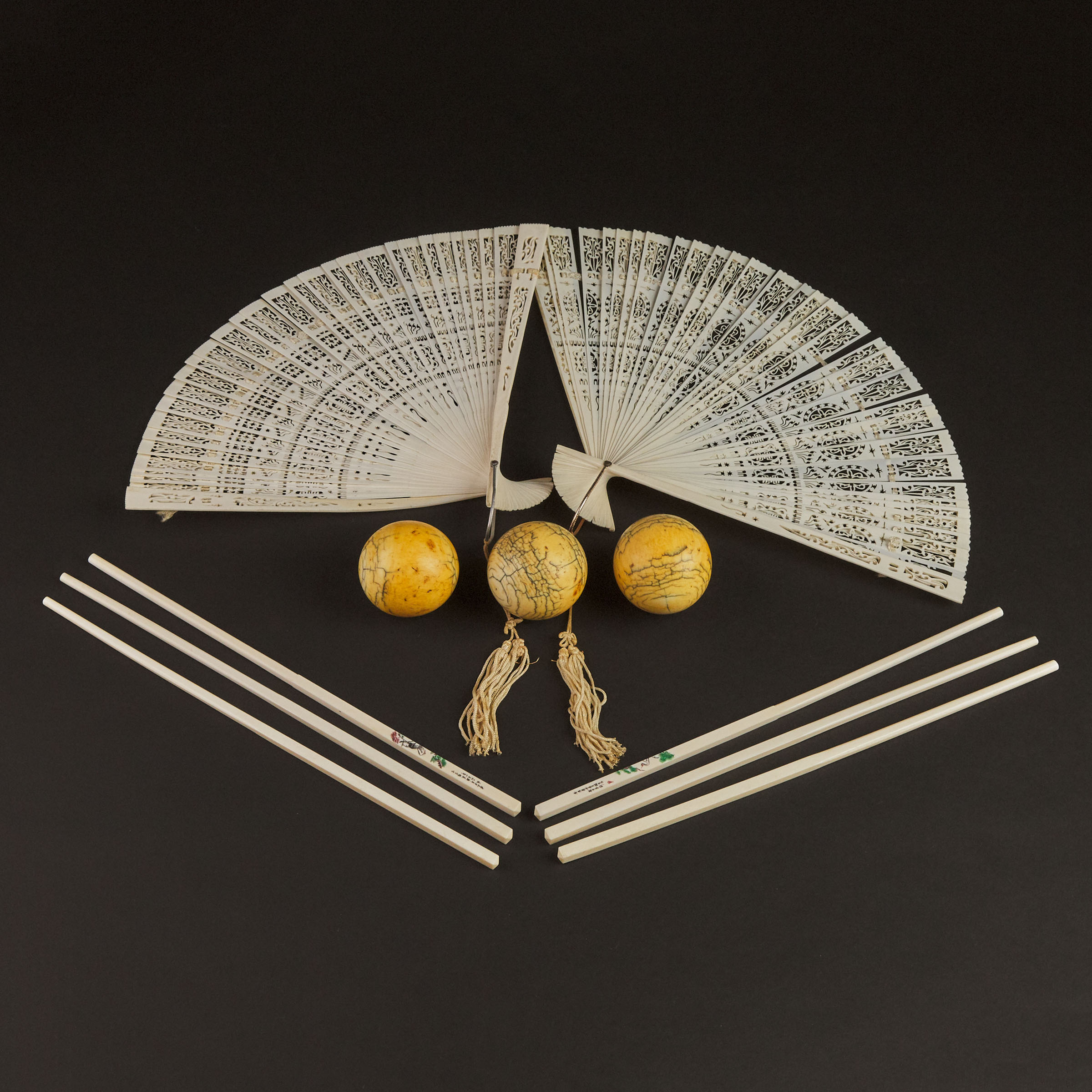 Two Ivory Fans, Three Billiard Balls, and Three Pairs of Chopsticks, Early to Mid 20th Century