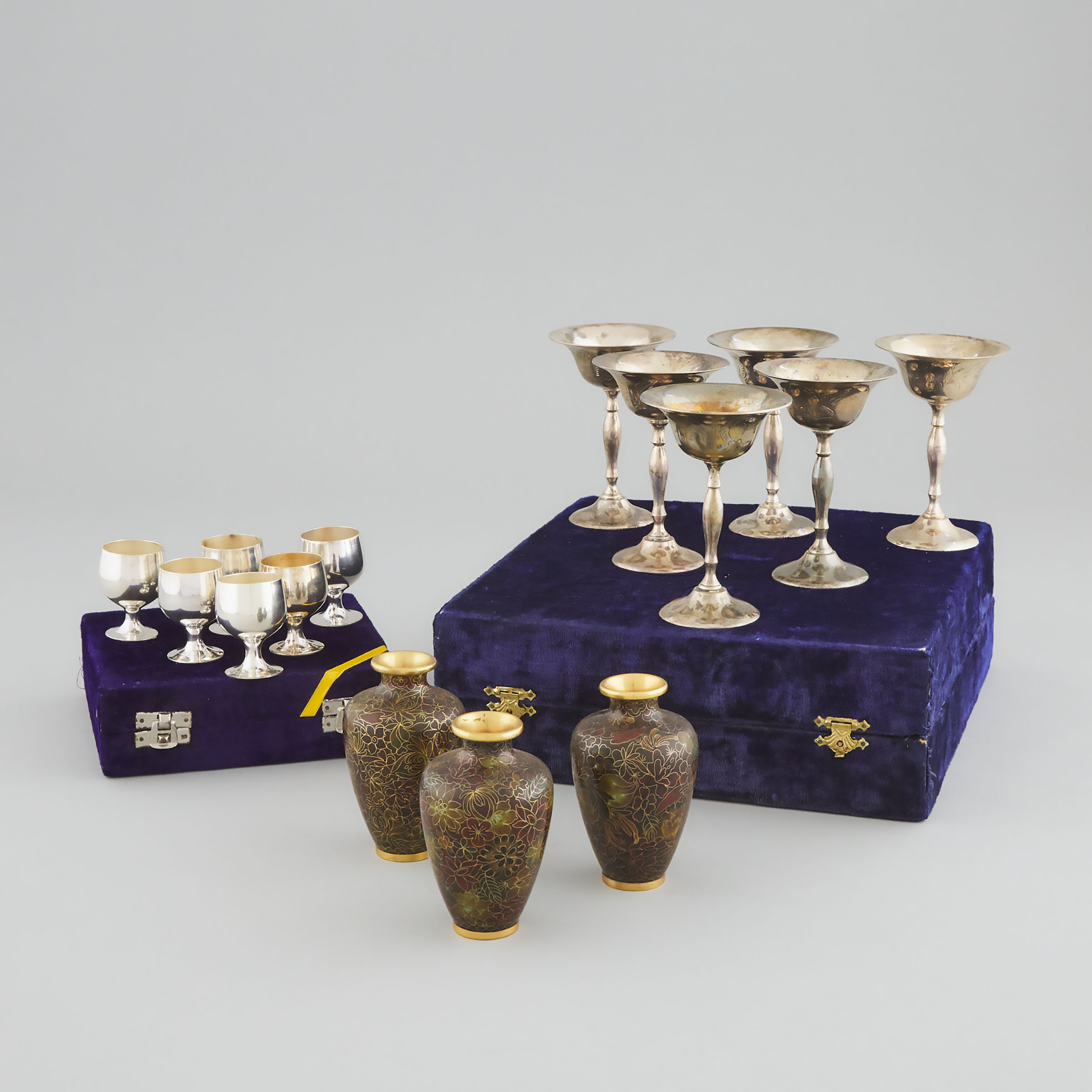 A Group of Three Miniature Cloisonné Vases, Together With Two Sets of Six Chinese Silver-Plated Stem Cups, Mid 20th Century