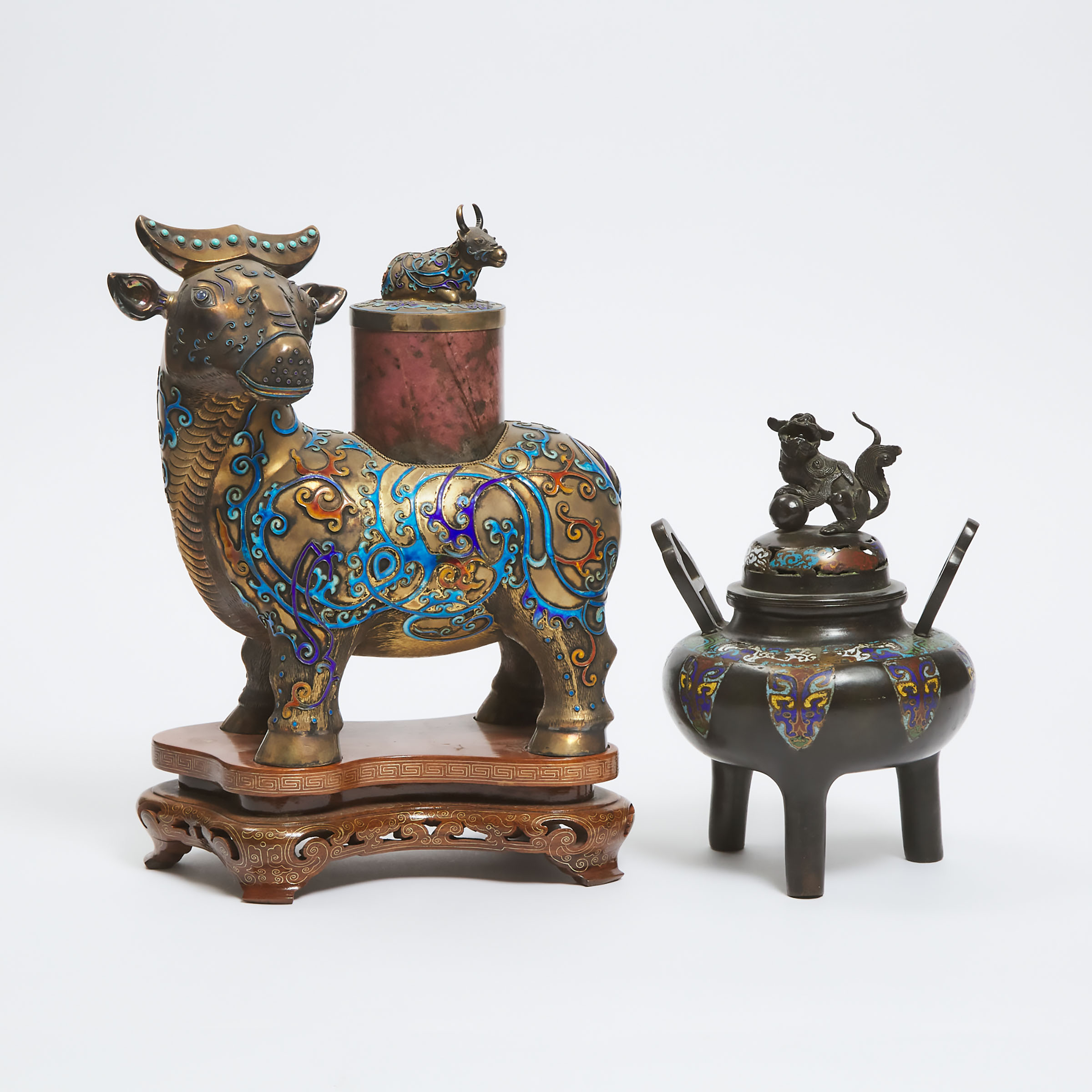An Archaistic Enameled Bronze Buffalo-Form Vessel, Together With a Tripod Censer, Republican Period