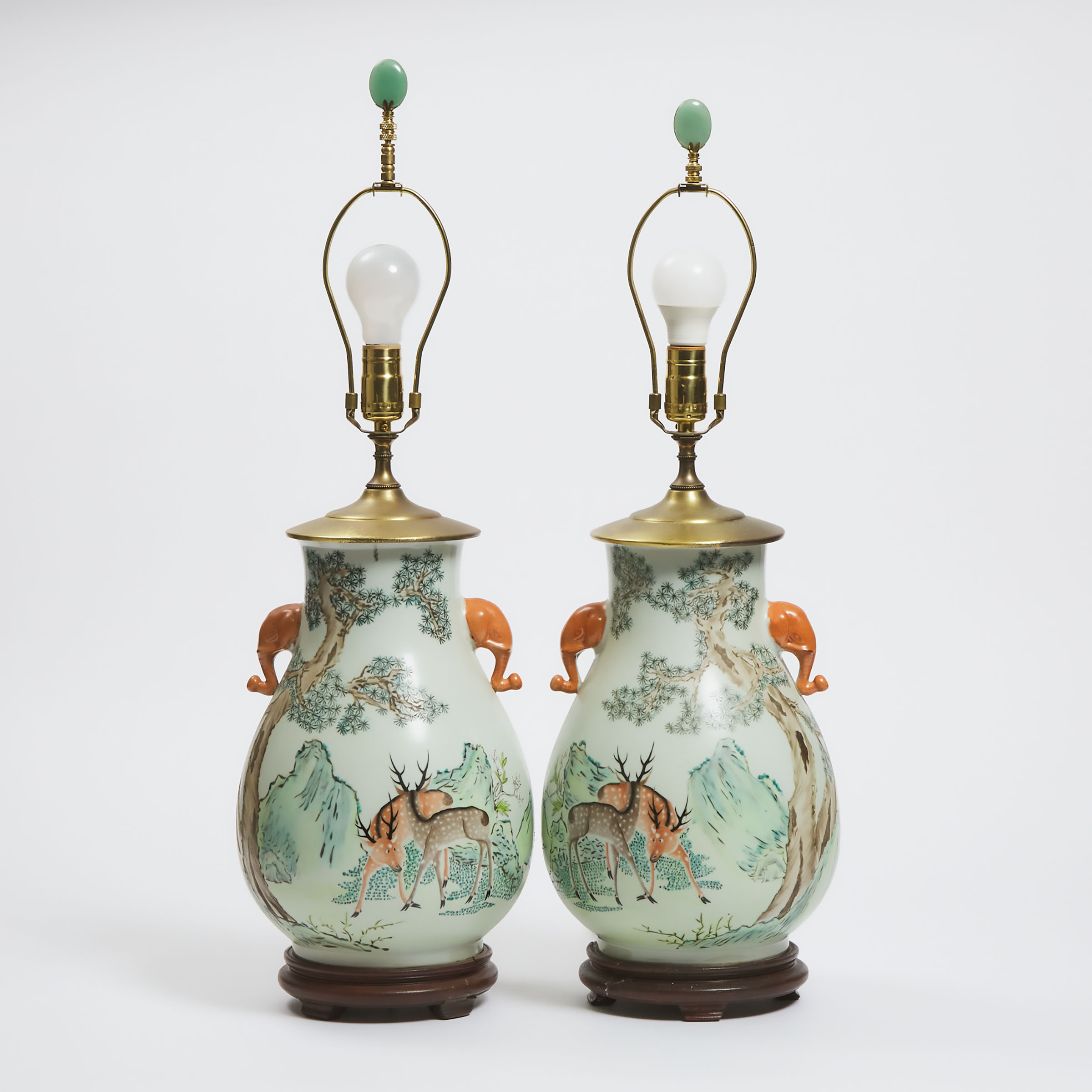A Pair of Enameled 'Deer and Crane' Hu-Form Vase Lamps, Republican Period