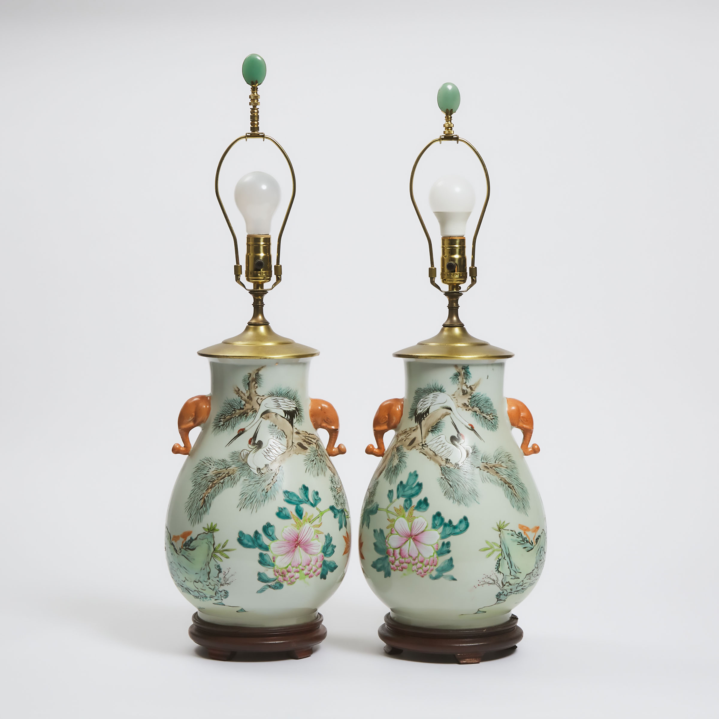 A Pair of Enameled 'Deer and Crane' Hu-Form Vase Lamps, Republican Period