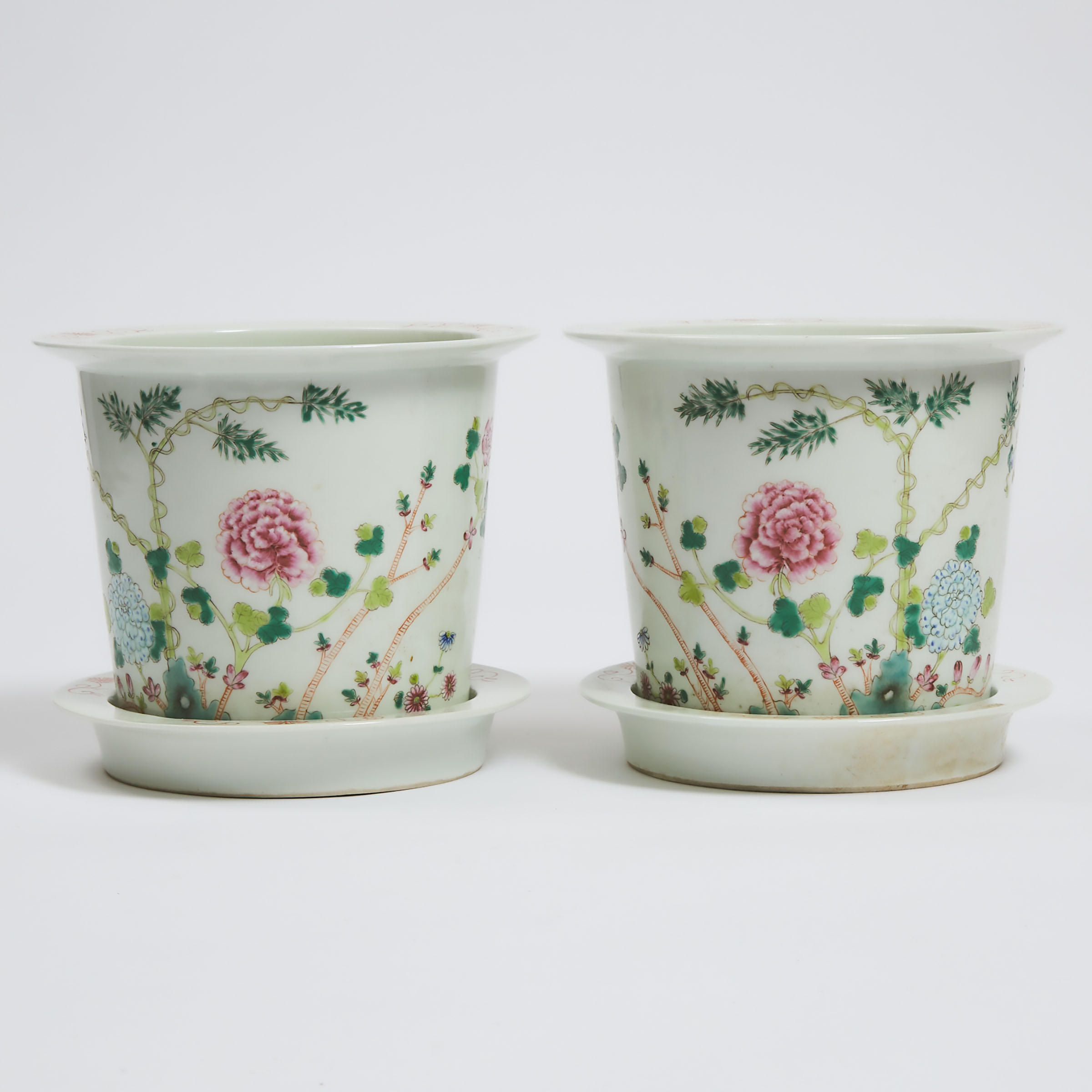 A Pair of Famille Rose 'Floral' Planters and Trays, Hongxian Mark, Republican Period