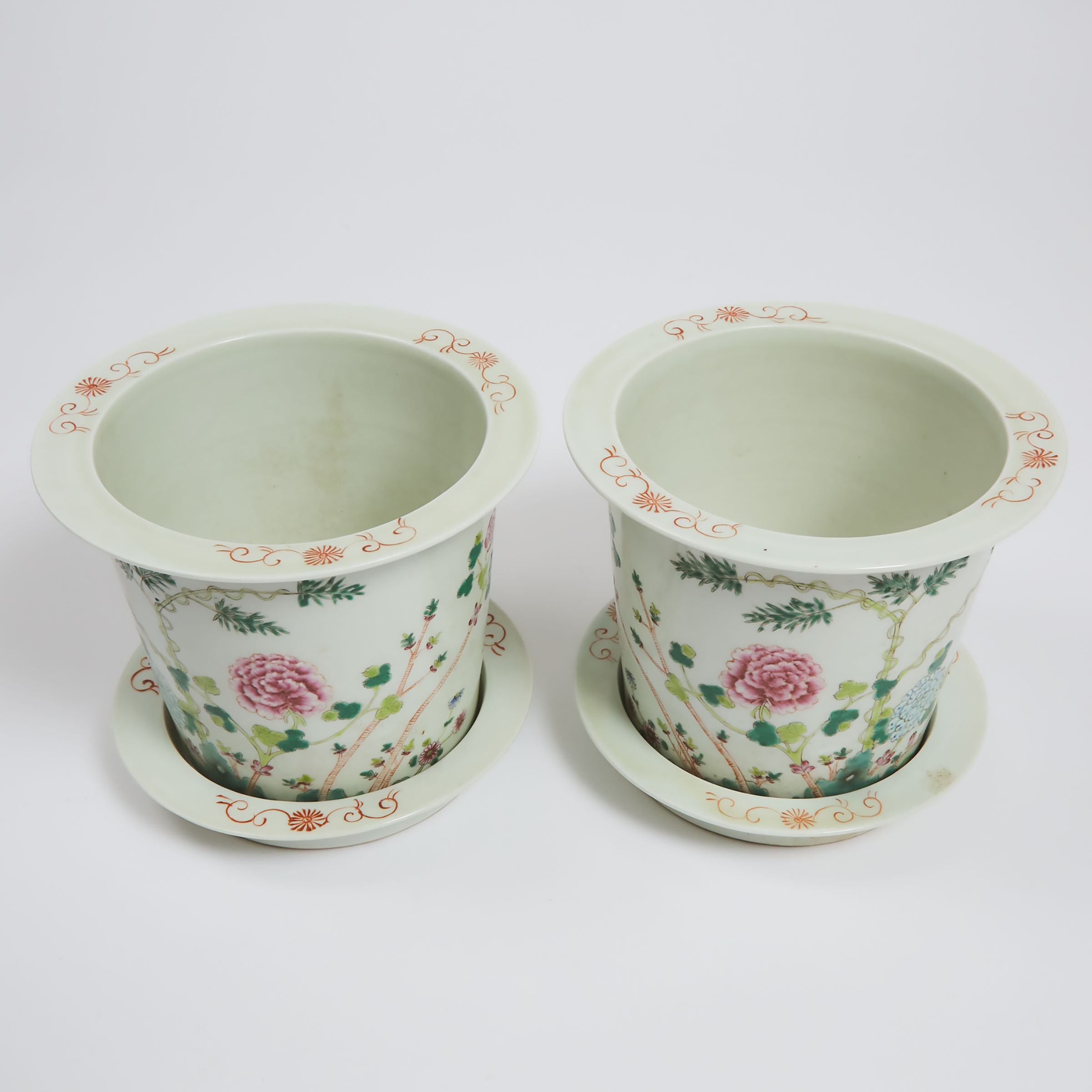 A Pair of Famille Rose 'Floral' Planters and Trays, Hongxian Mark, Republican Period