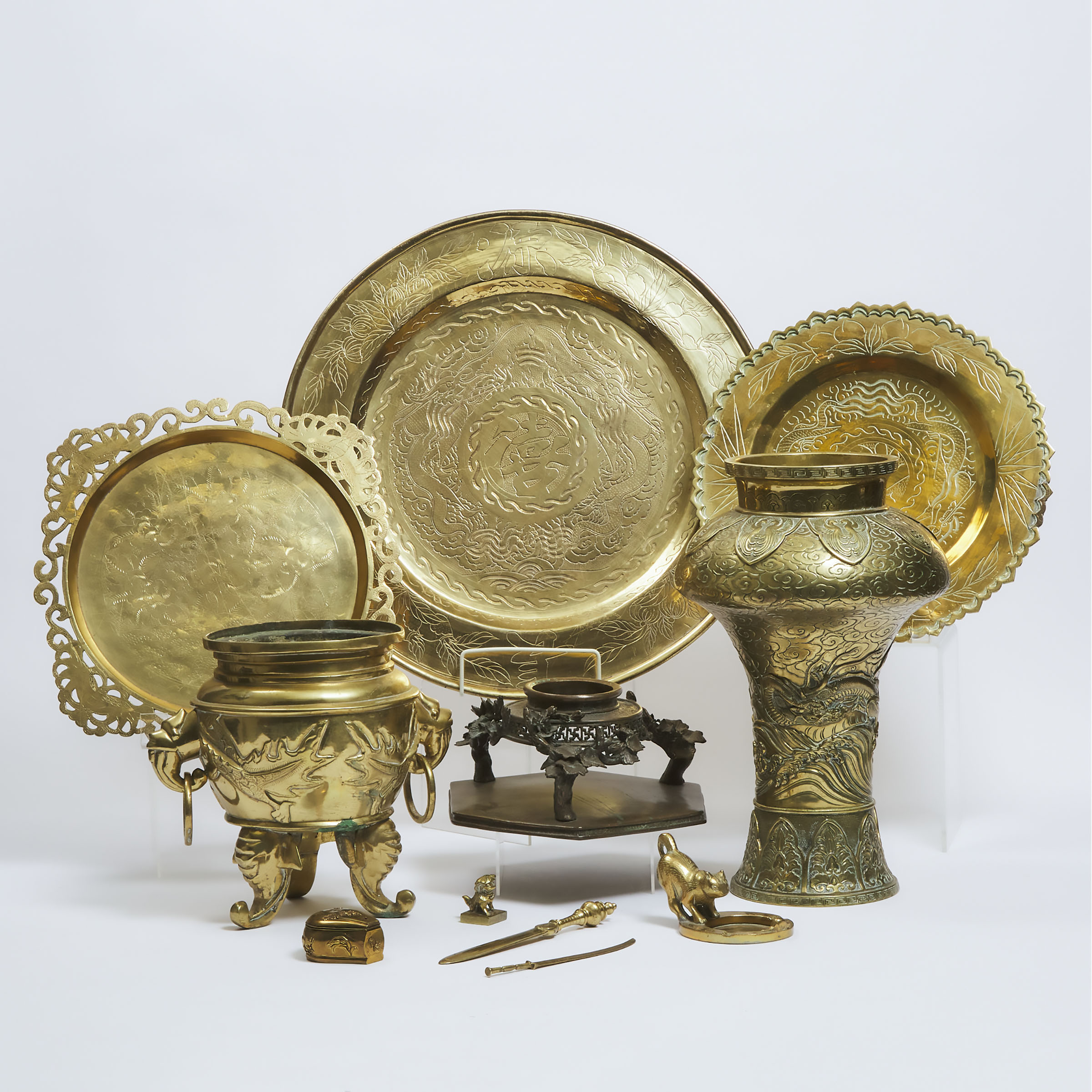 A Group of Eleven Chinese Brass and Bronze Platters, Vases, and Other Wares, Early to Mid 20th Century