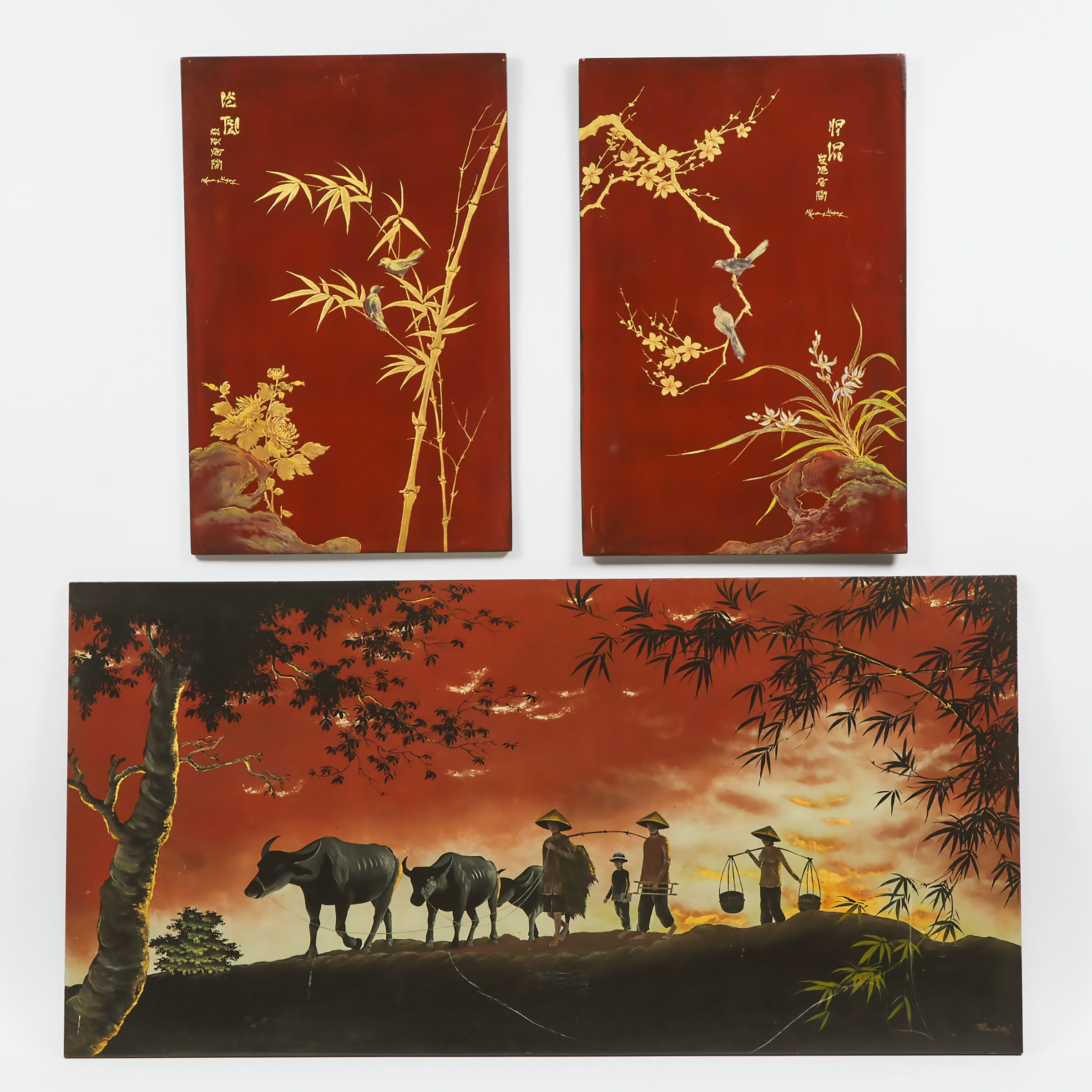 Three Vietnamese Painted Panels, 20th Century