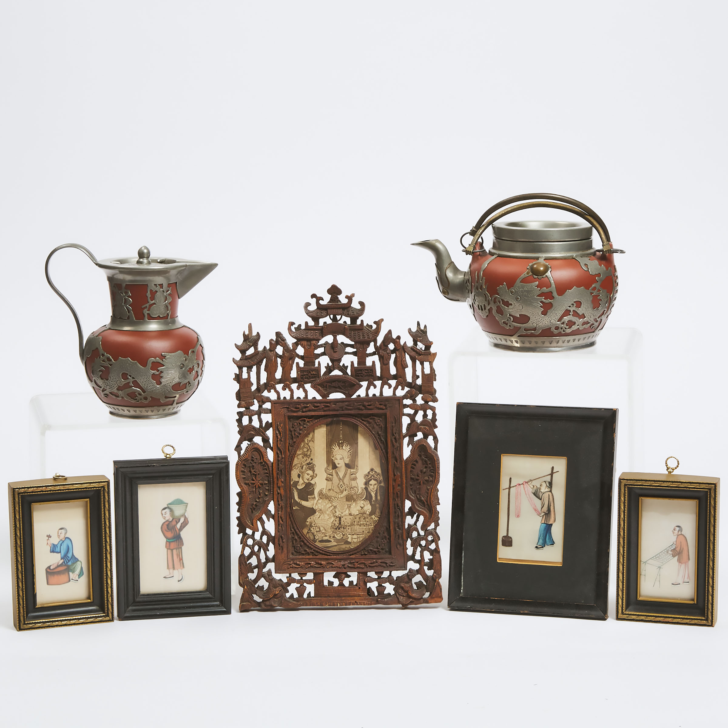 Four Chinese Pith Paintings, Together With Two Metal-Mounted Yixing Teapots and a Carved Wood Frame
