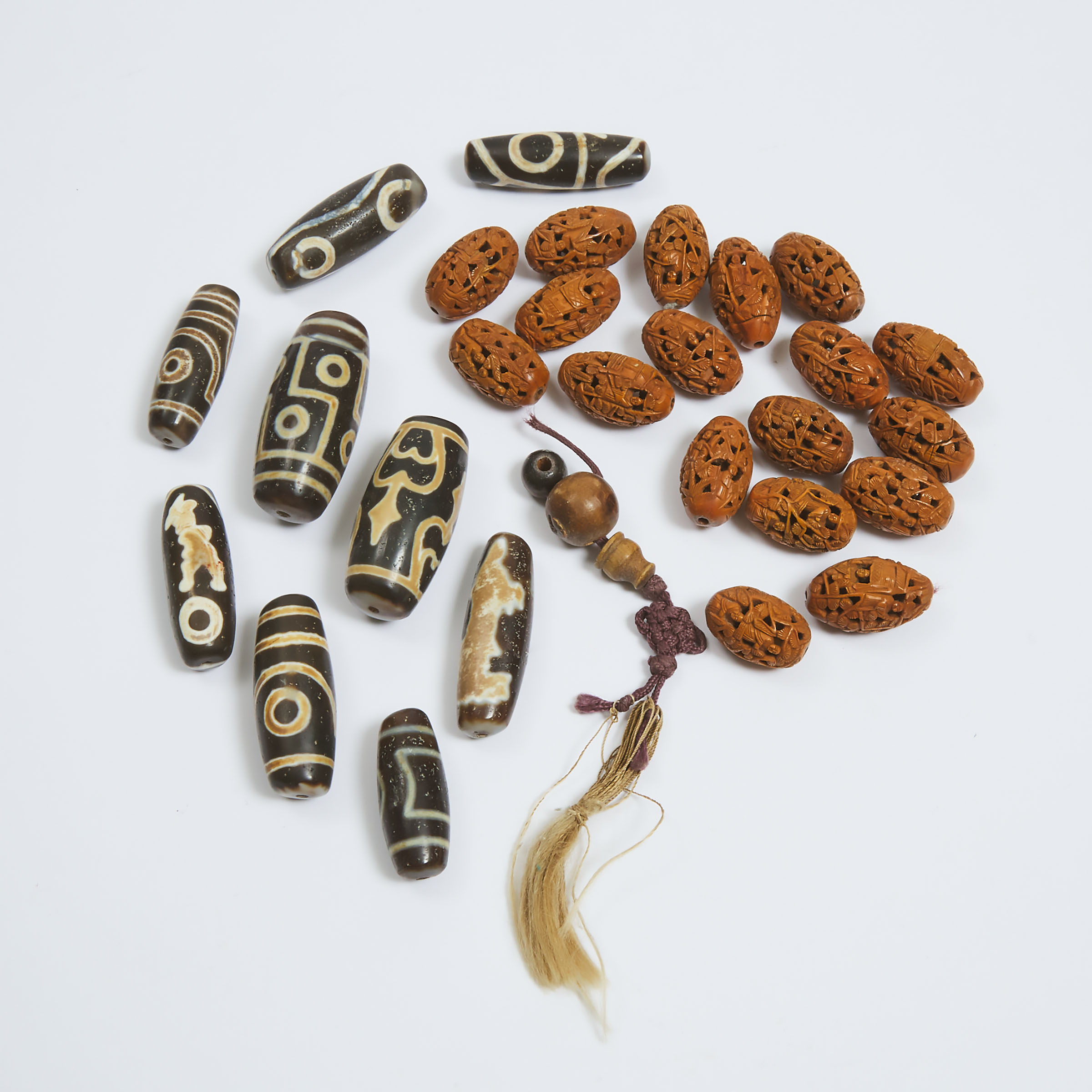 Nine Tibetan Dzi Beads and Eighteen Chinese Carved Beads