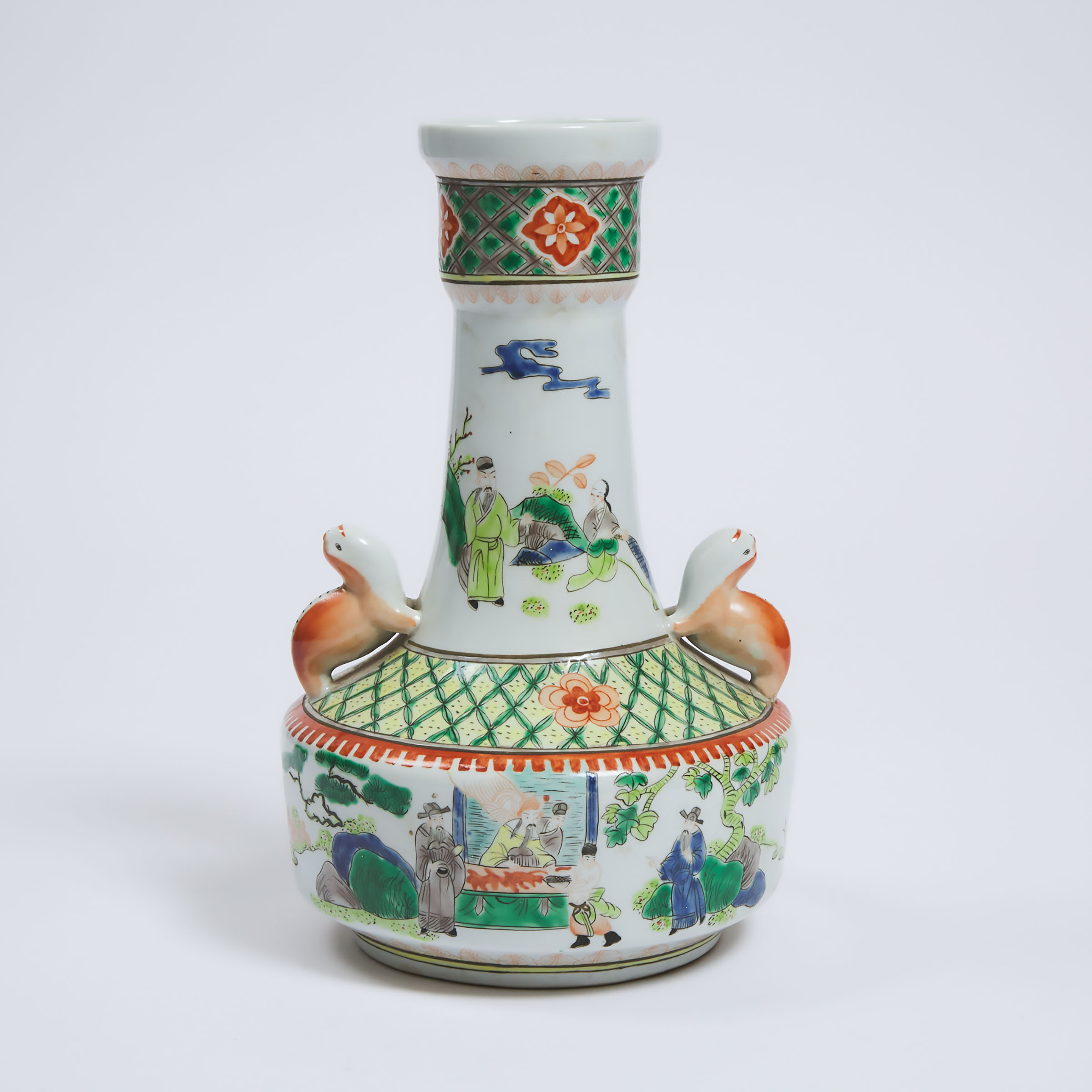 A Famille Verte 'Figural' Vase with Cat-Form Handles, Tongzhi Mark, Republican Period