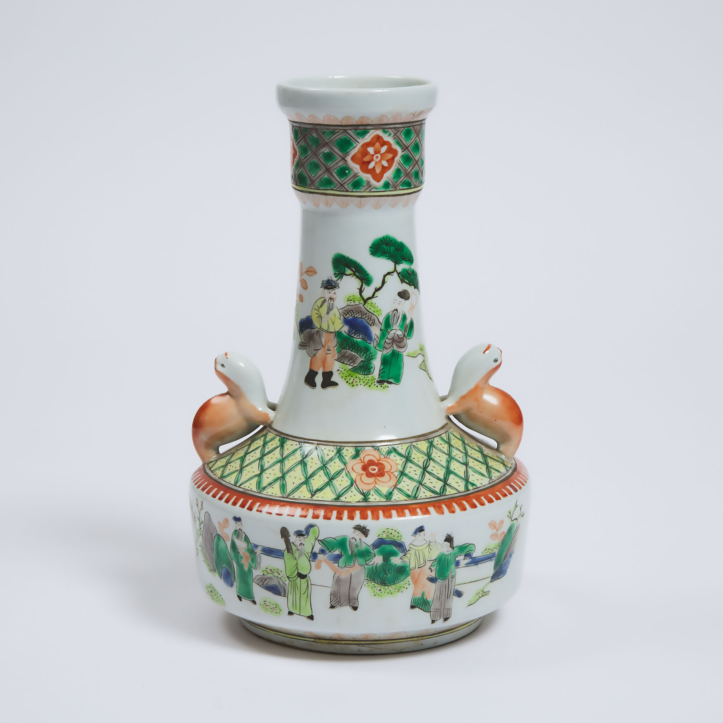 A Famille Verte 'Figural' Vase with Cat-Form Handles, Tongzhi Mark, Republican Period