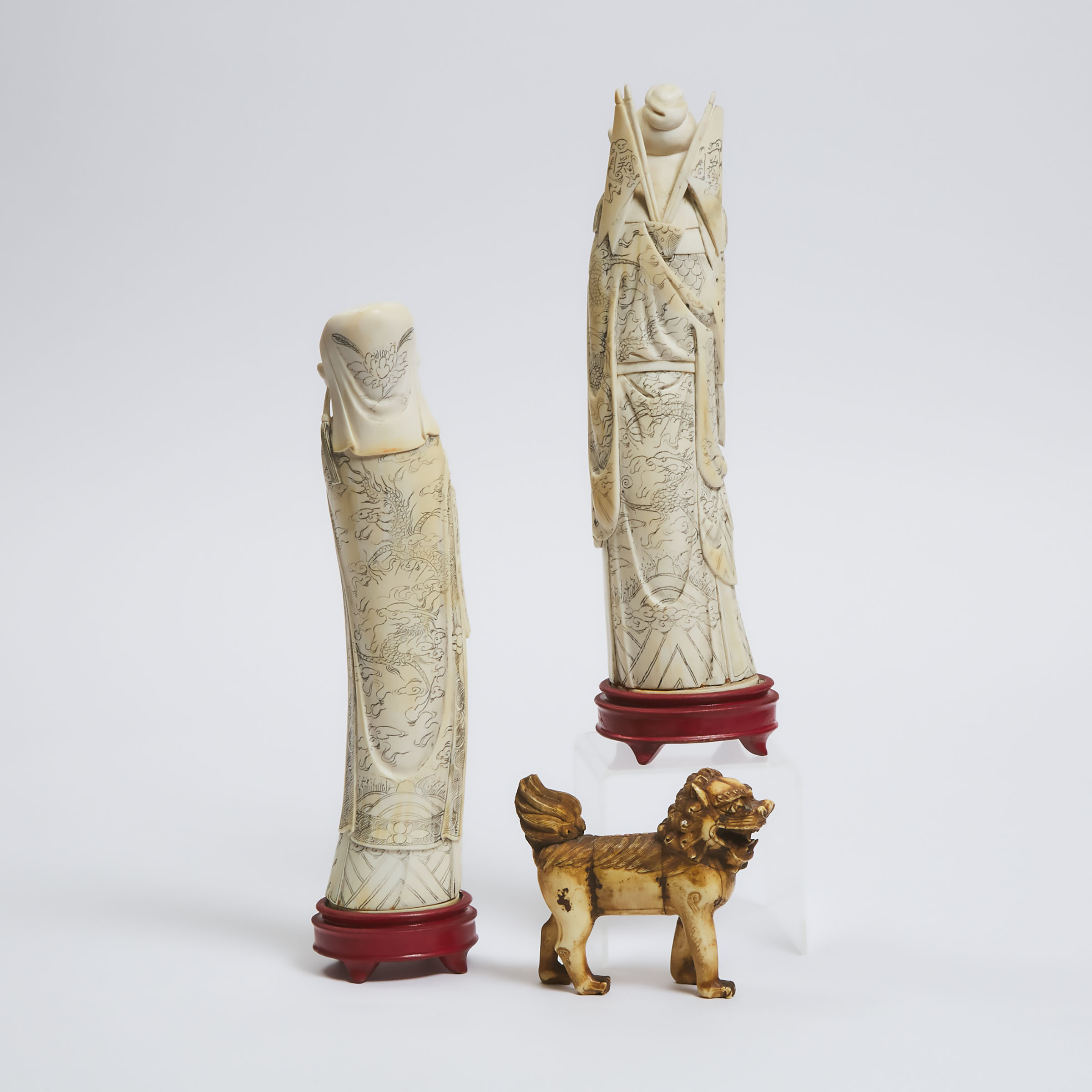 A Pair of Ivory Figures of a General and a Scholar, Together With a Foo Lion, Early to Mid 20th Century