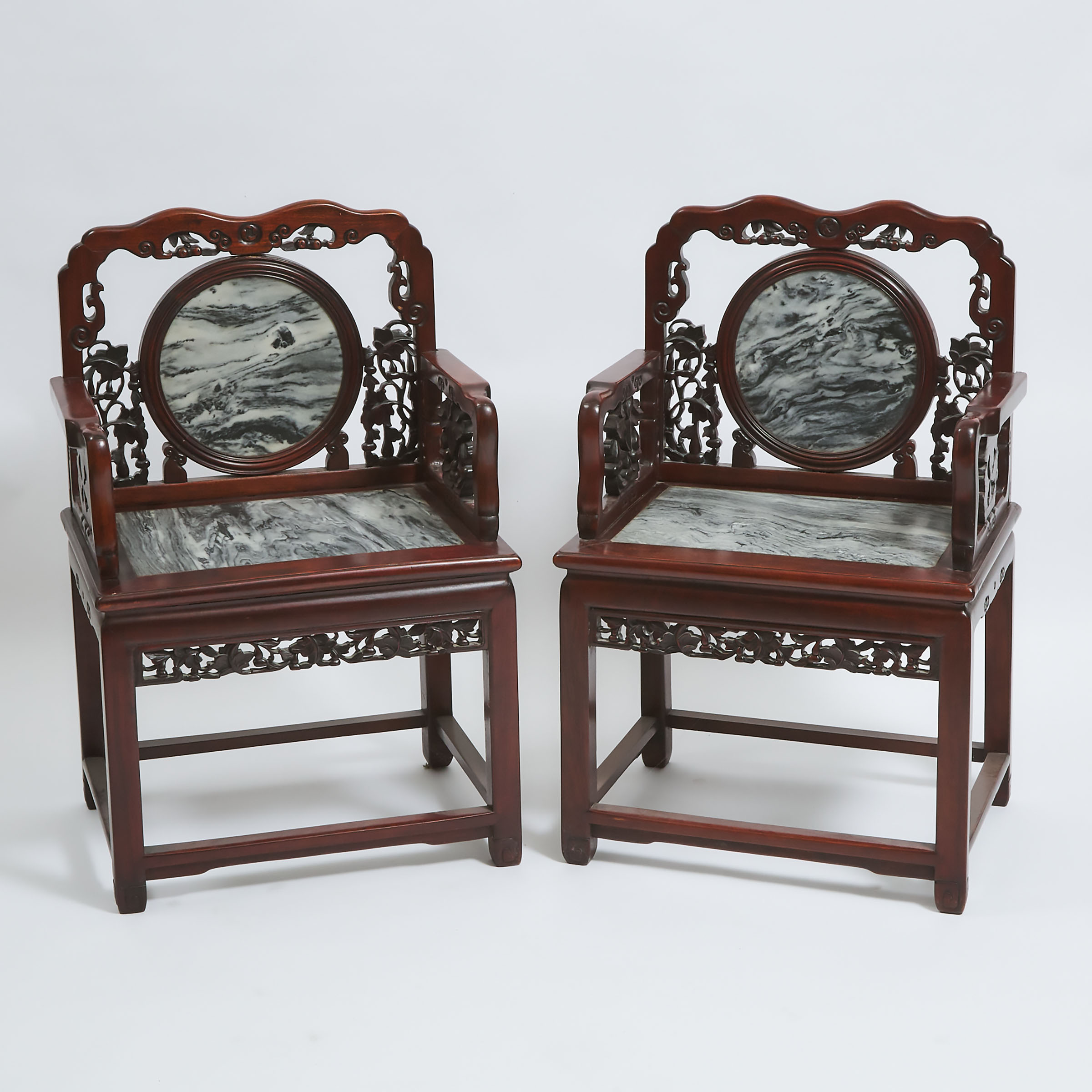 A Pair of Chinese Marble-Inset Rosewood Chairs, Mid 20th Century