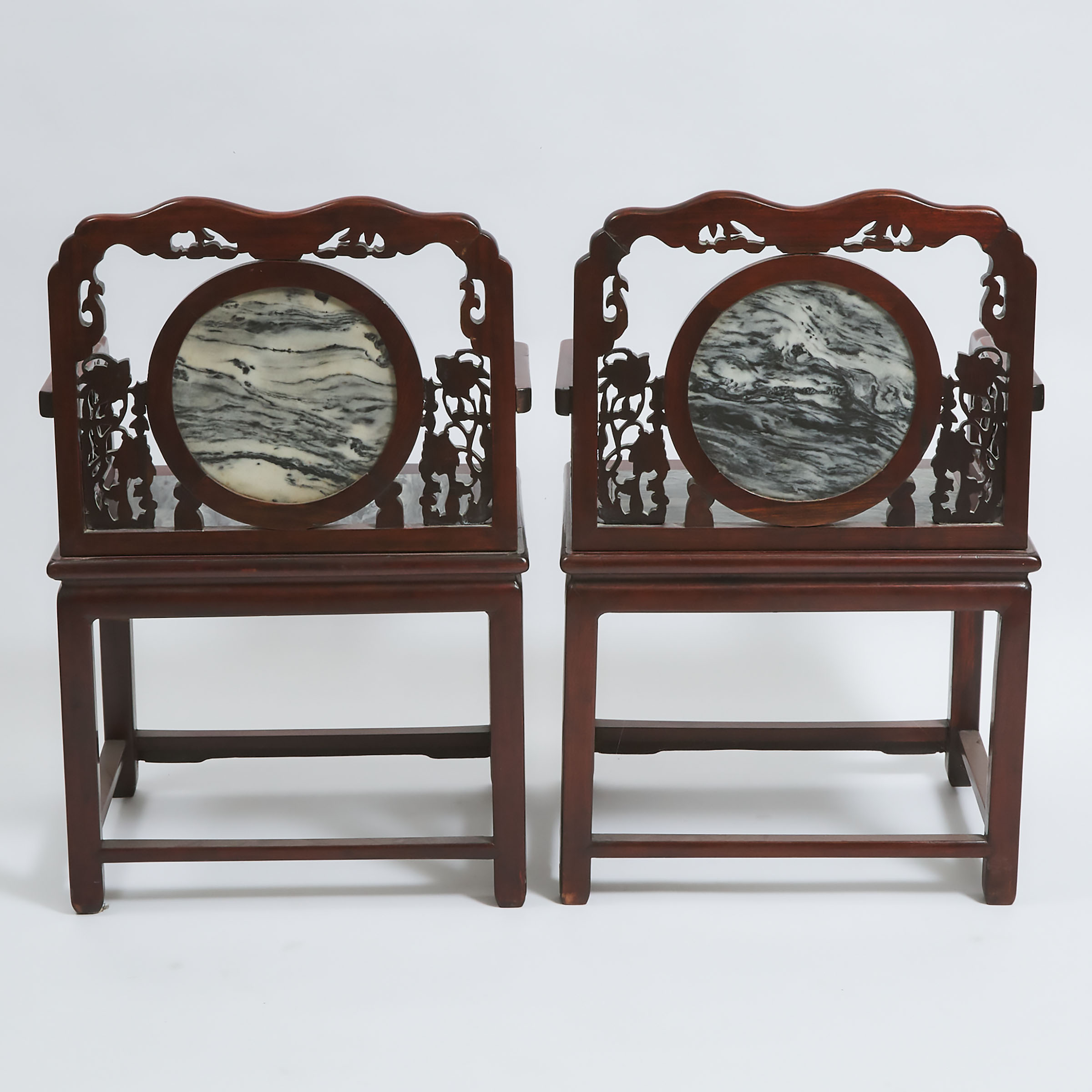 A Pair of Chinese Marble-Inset Rosewood Chairs, Mid 20th Century
