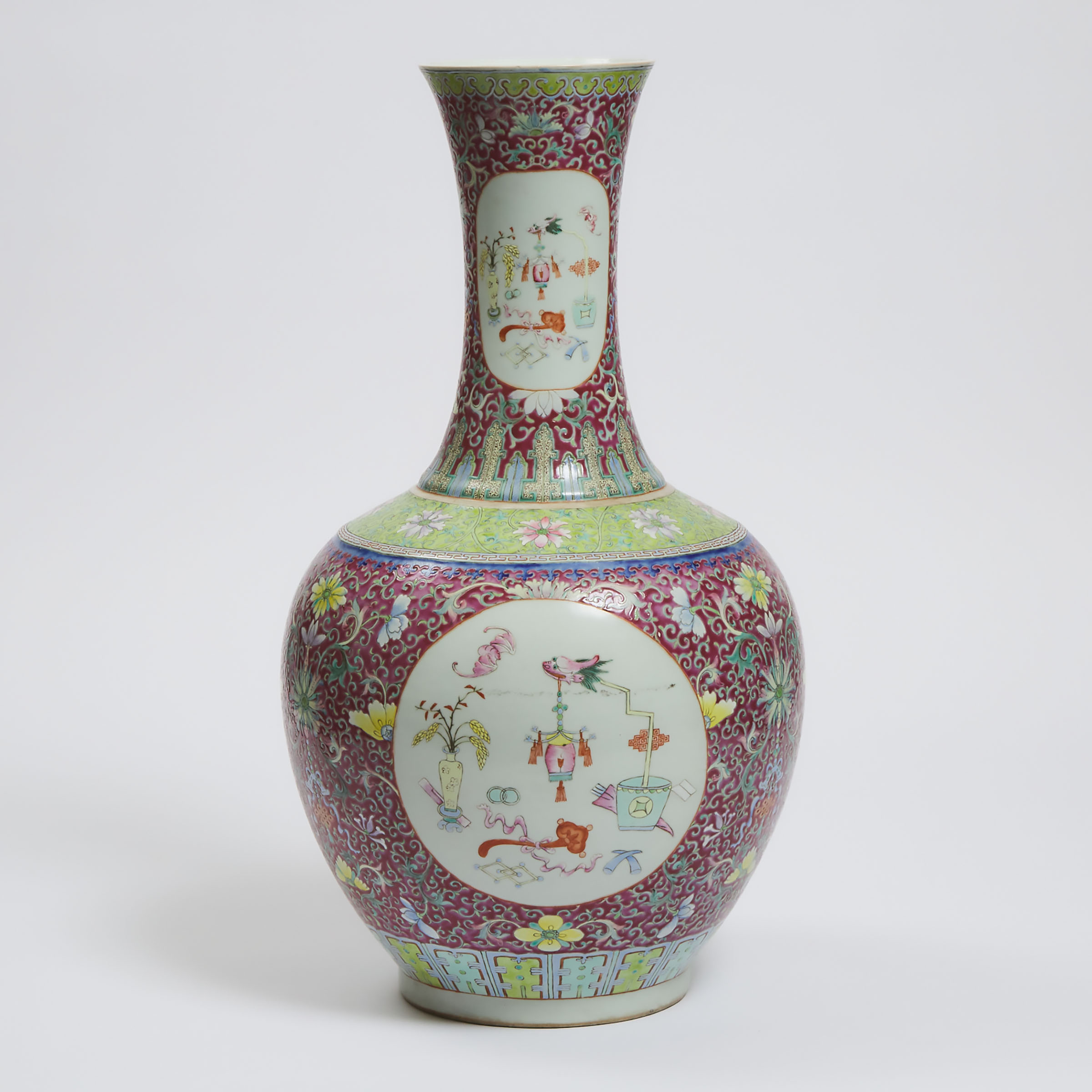 A Large Ruby-Ground Famille Rose Bottle Vase, Qianlong Mark, Republican Period