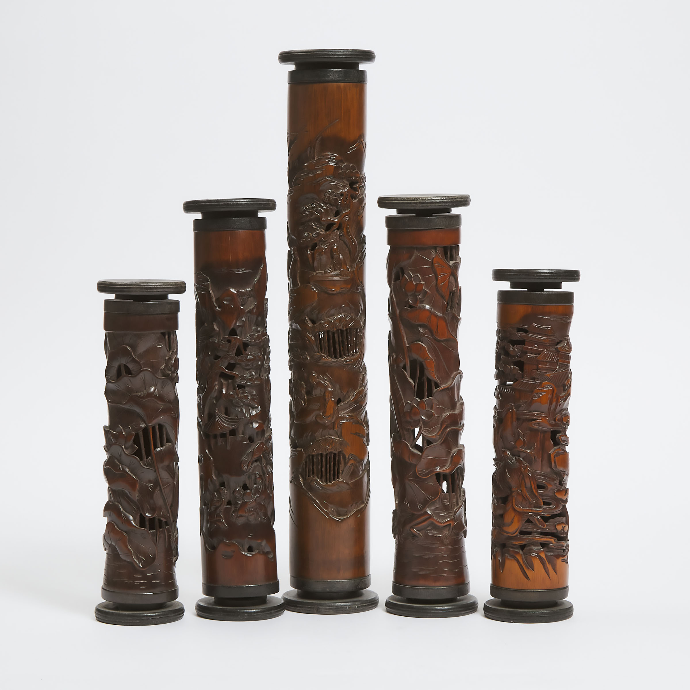 A Group of Five Carved Bamboo Incense Holders, Mid to Late 20th Century