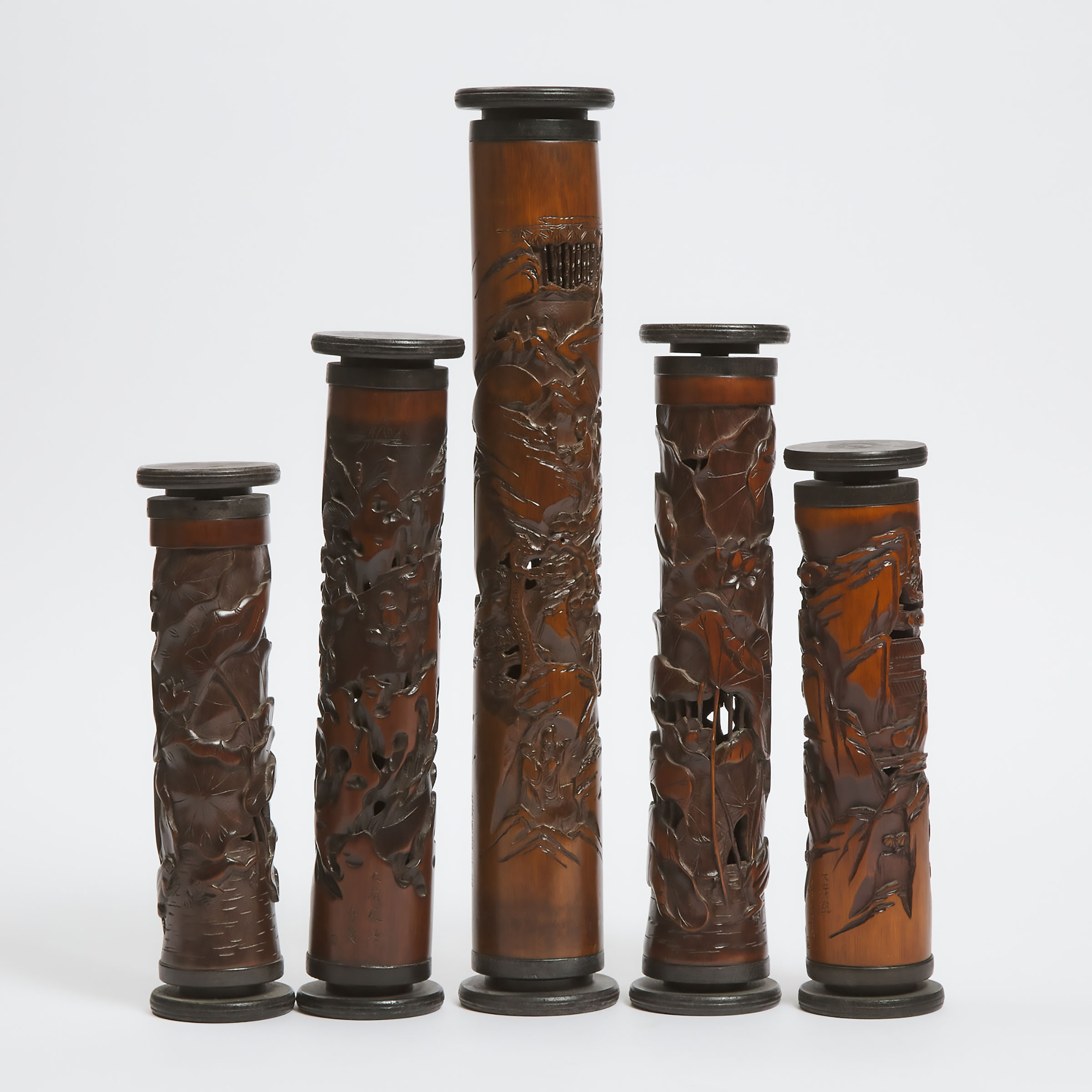 A Group of Five Carved Bamboo Incense Holders, Mid to Late 20th Century