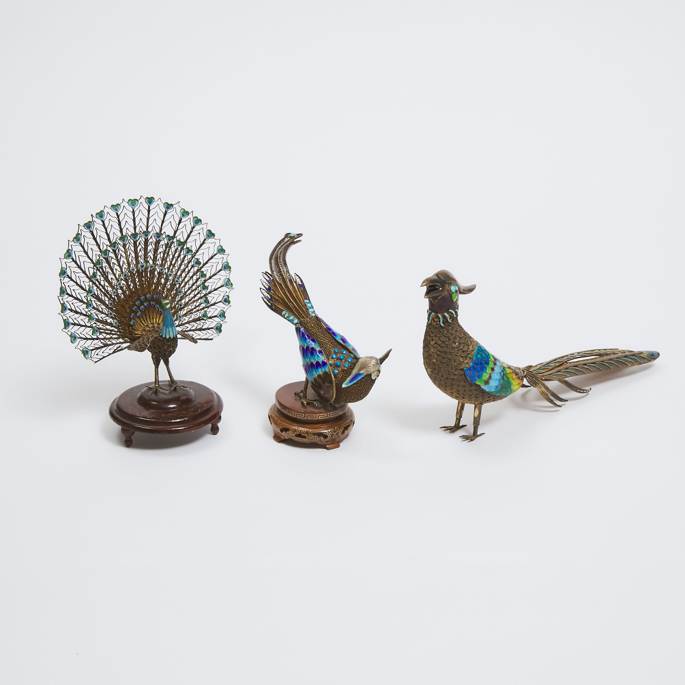 A Group of Three Gilt Silver Filigree Birds of Paradise and Peacock, Mid 20th Century