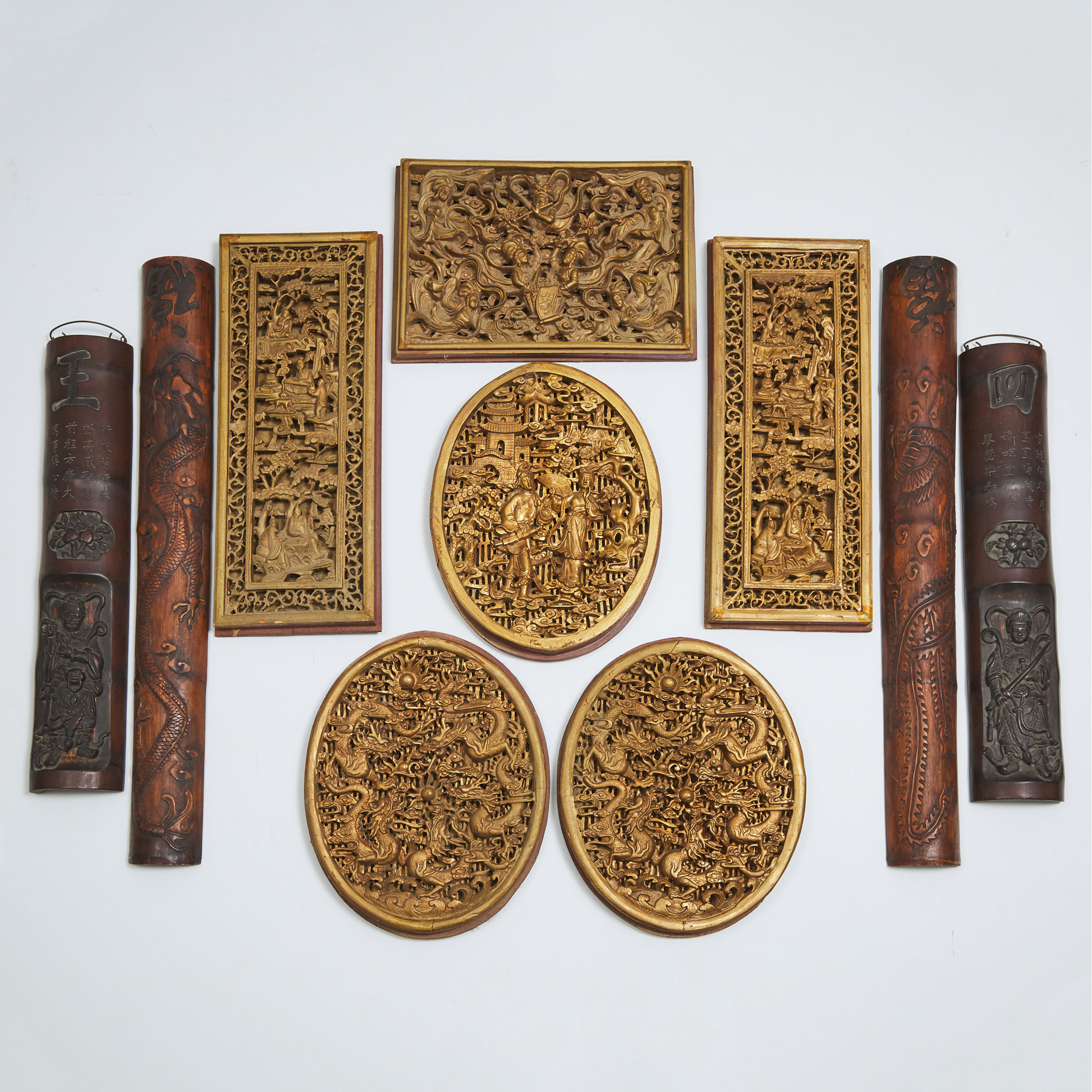 A Group of Ten Chinese Carved Wood and Bamboo Panels