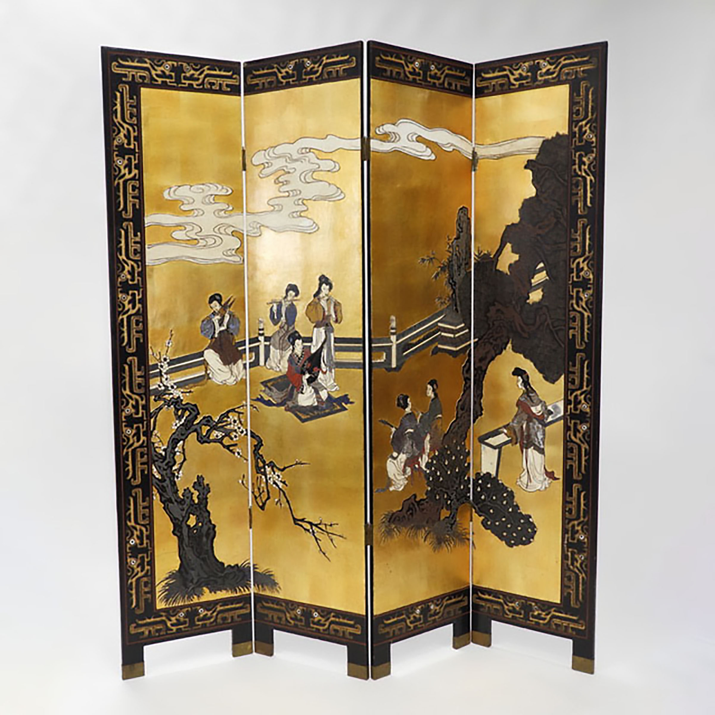 A Gold-Painted and Lacquered Four-Panel Floor Screen, Mid 20th Century