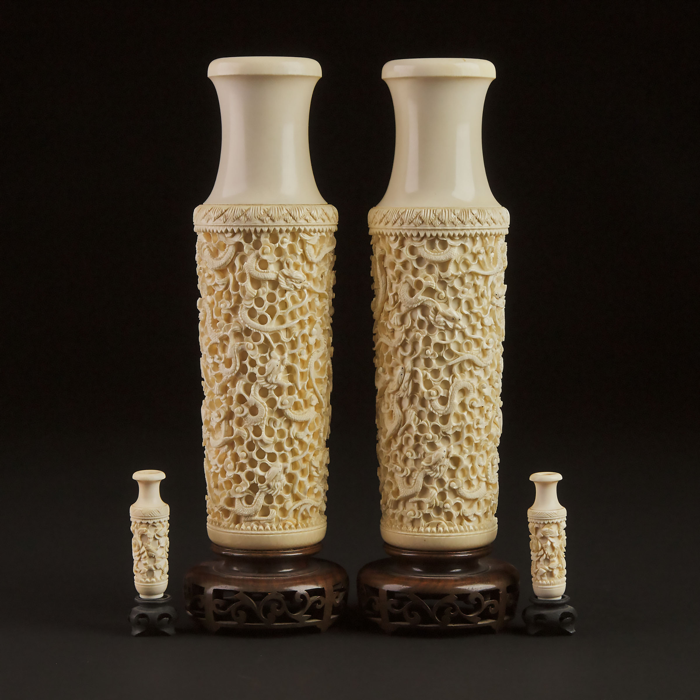 A Pair of Carved Ivory 'Dragon' Vases, Together With a Pair of Miniature Vases, Early to Mid 20th Century