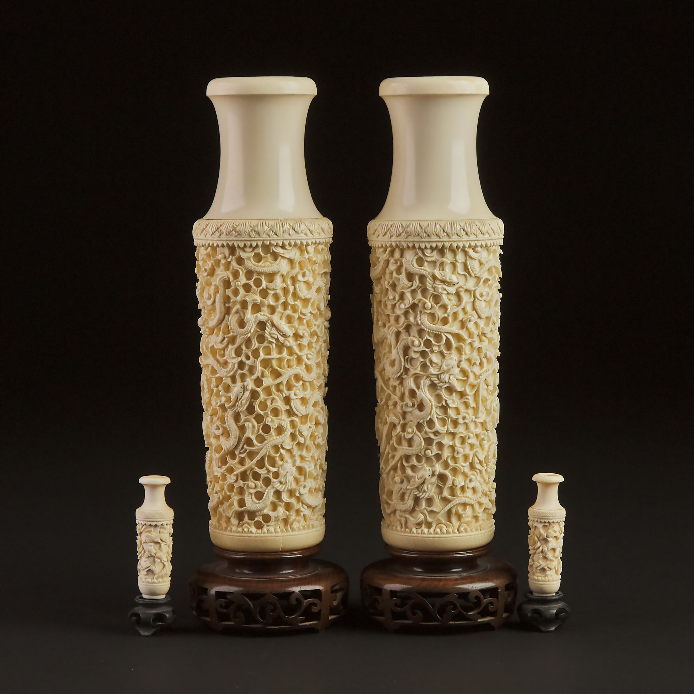 A Pair of Carved Ivory 'Dragon' Vases, Together With a Pair of Miniature Vases, Early to Mid 20th Century
