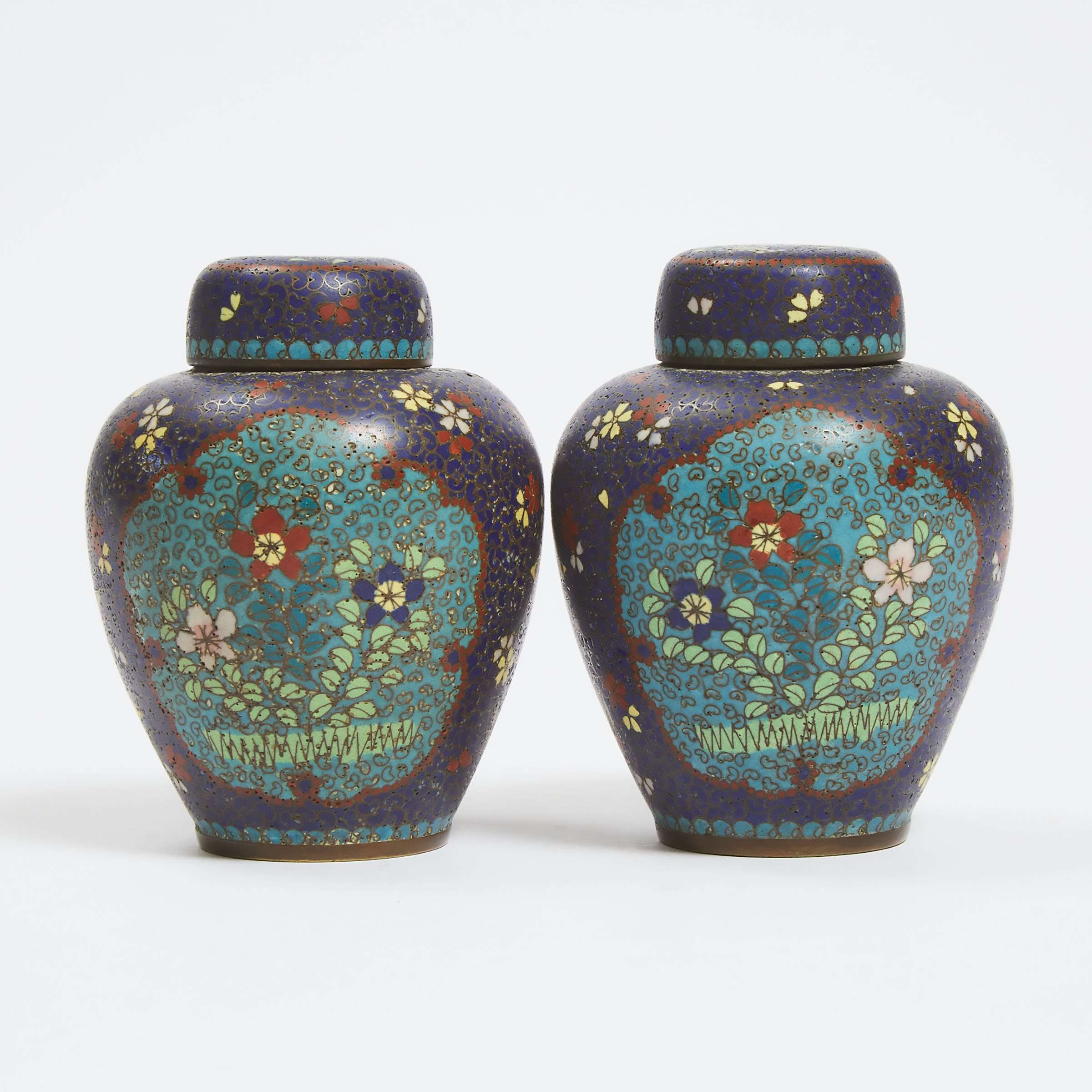 A Pair of Chinese Cloisonné Lidded Jars, Late Qing Dynasty, 19th Century