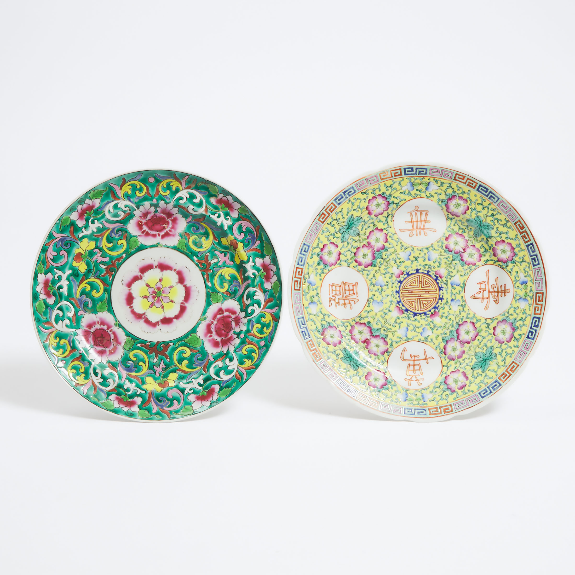 A Yellow-Ground Famille Rose 'Longevity' Plate, Together With a Famille Rose 'Floral' Plate, 19th Century