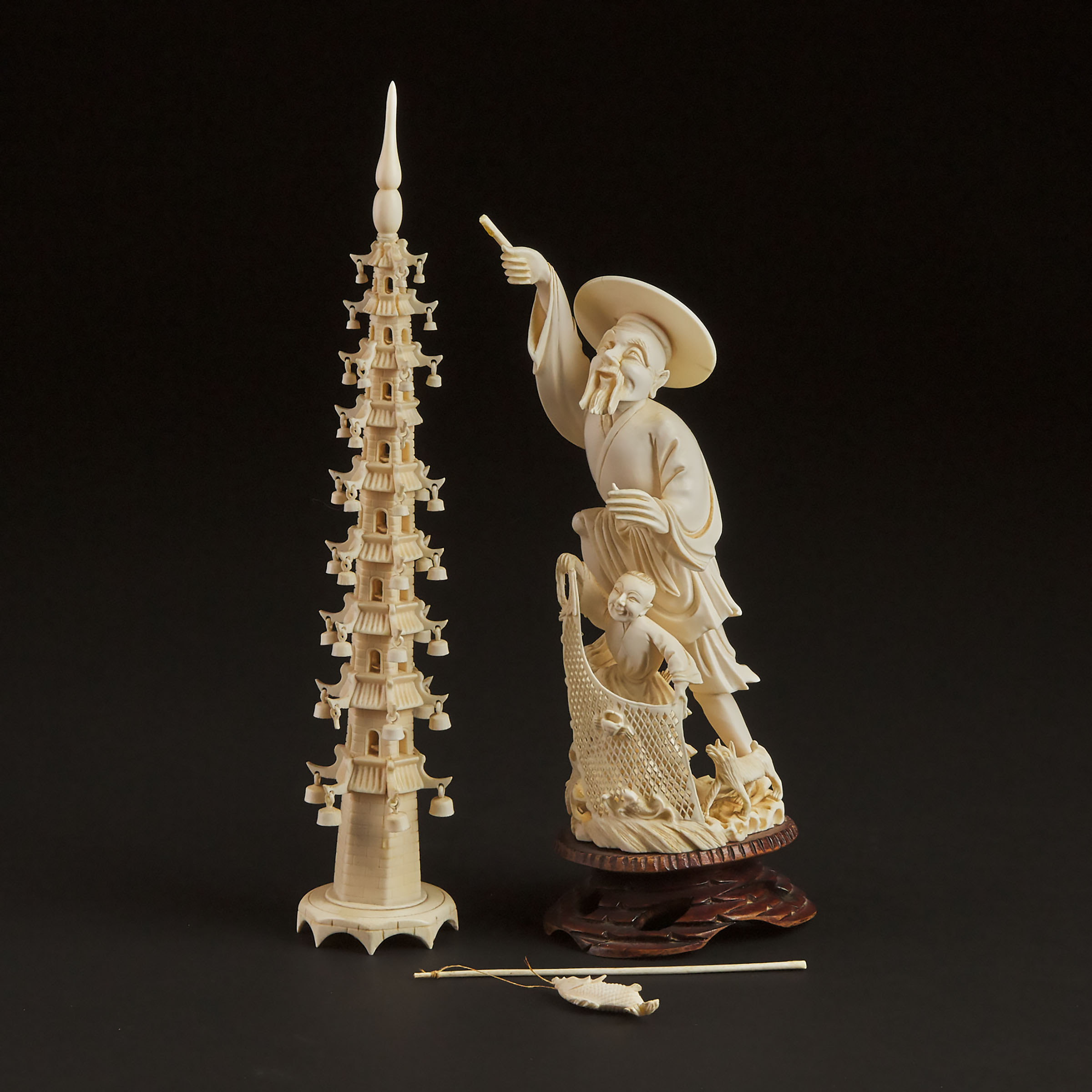 A Carved Ivory Fisherman Group, Together With a Pagoda