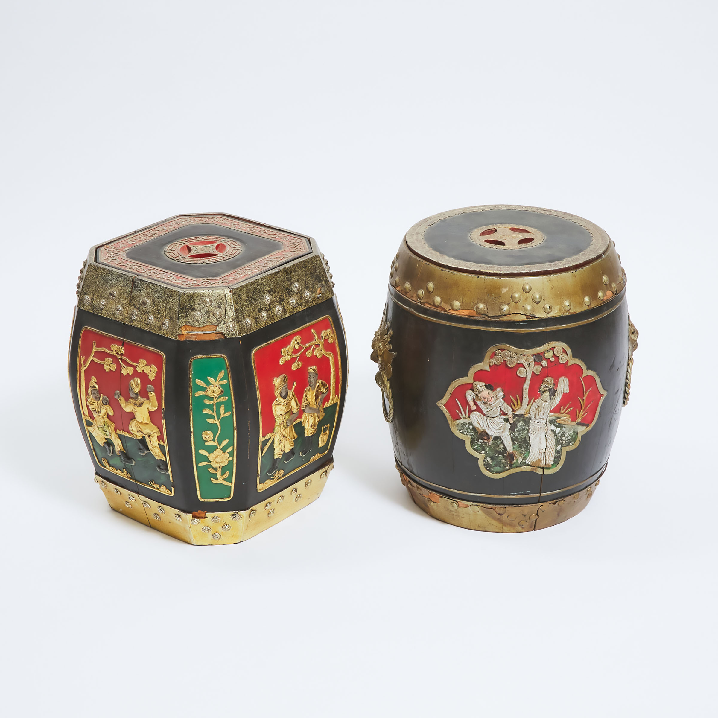 Two Chinese Painted and Lacquered Wood Barrel-Form Stools, 19th/Early 20th Century